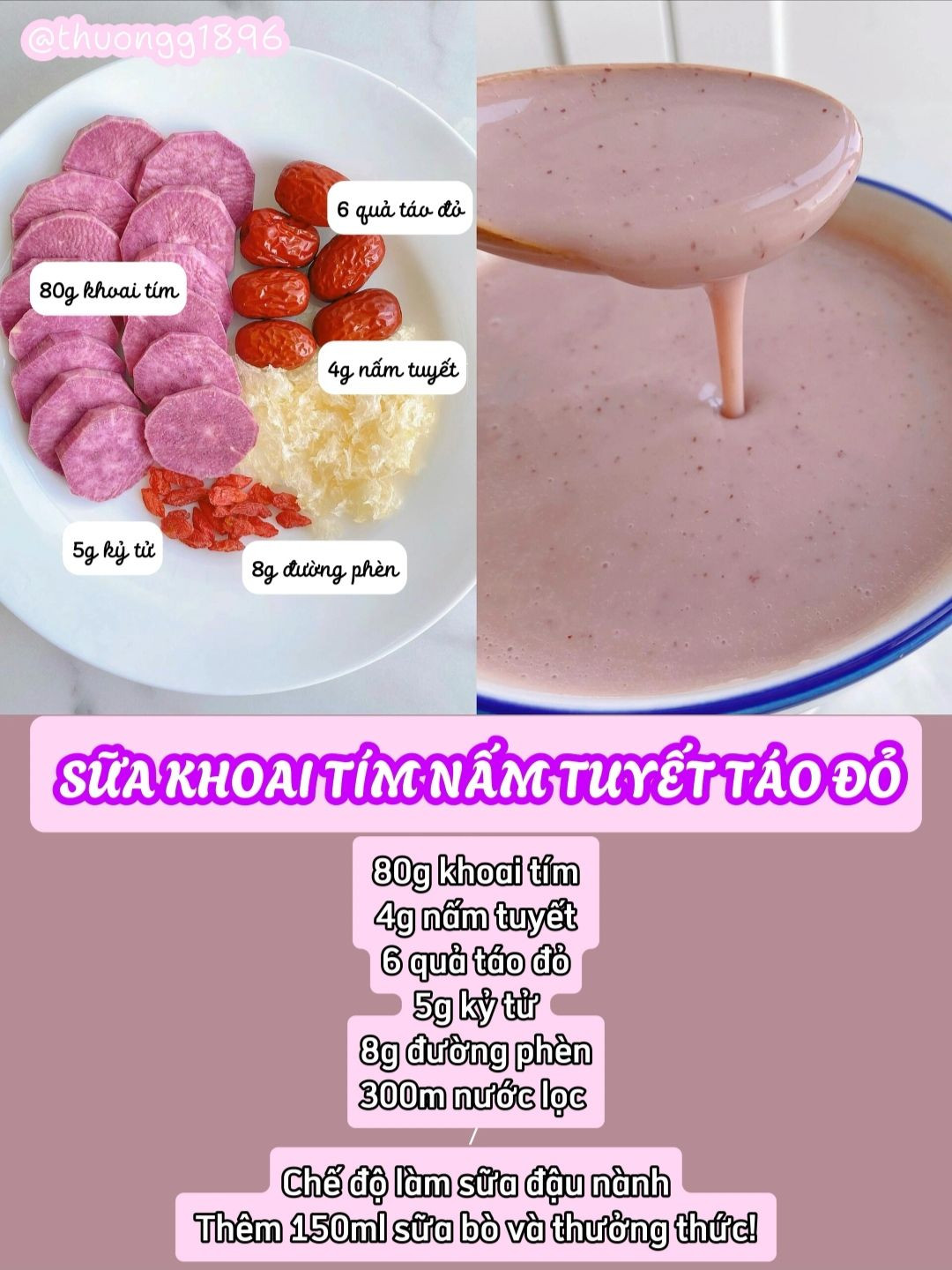 6 công thức sữa khoai tím hạt với: Sữa khoai môn, nấm tuyết táo đỏ, đậu đen đậu đỏ, yến mạch táo