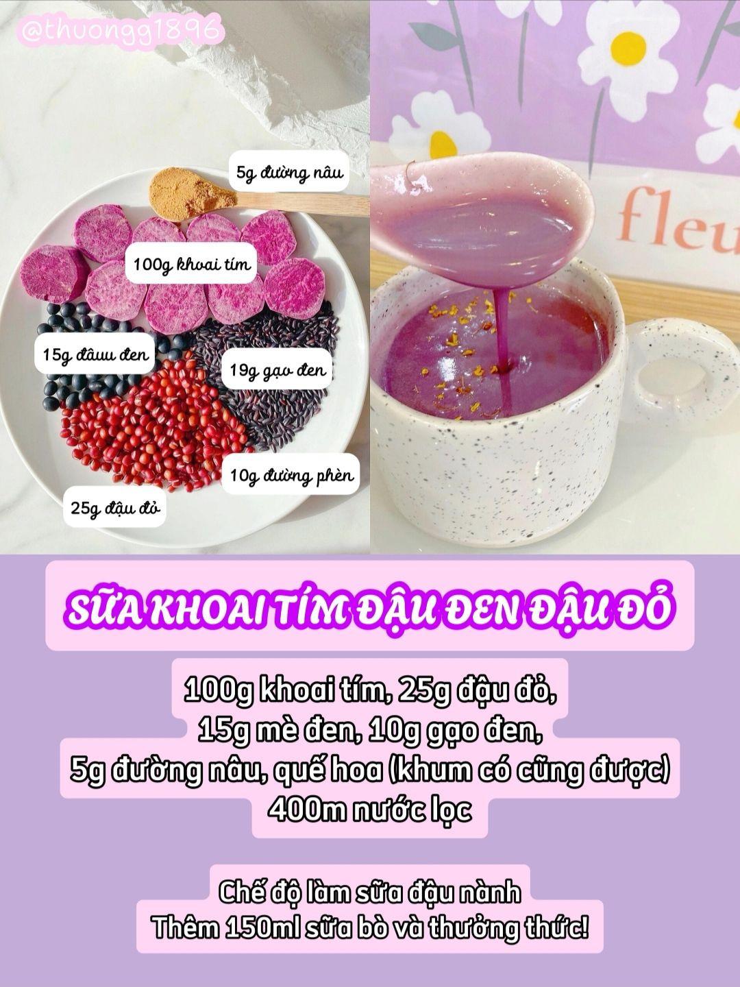 6 công thức sữa khoai tím hạt với: Sữa khoai môn, nấm tuyết táo đỏ, đậu đen đậu đỏ, yến mạch táo