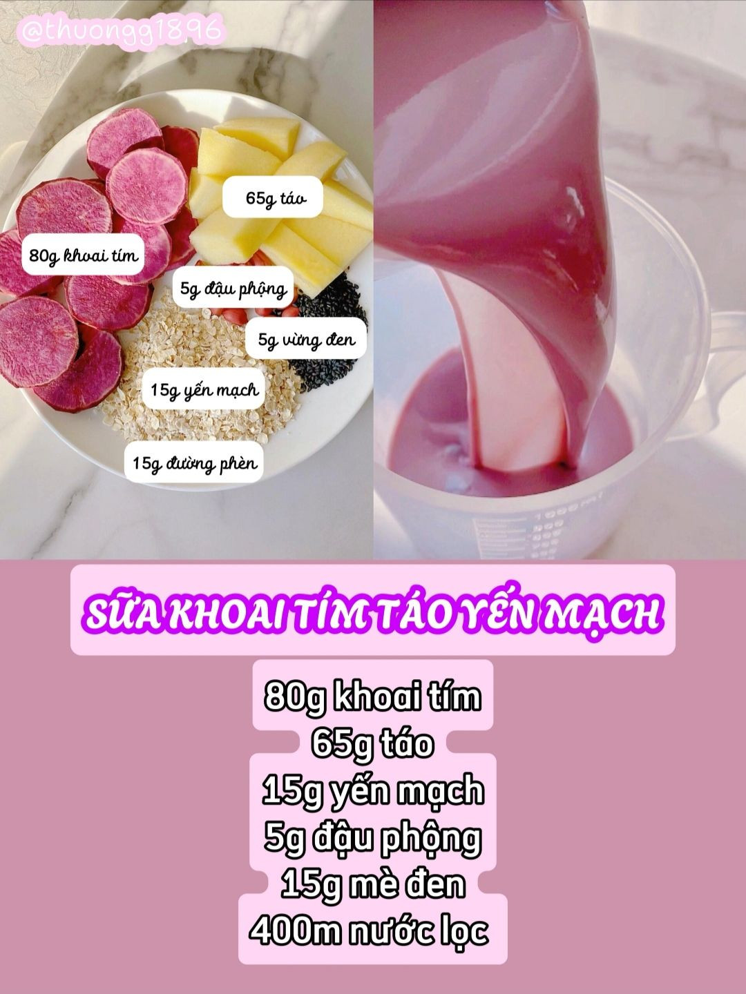 6 công thức sữa khoai tím hạt với: Sữa khoai môn, nấm tuyết táo đỏ, đậu đen đậu đỏ, yến mạch táo