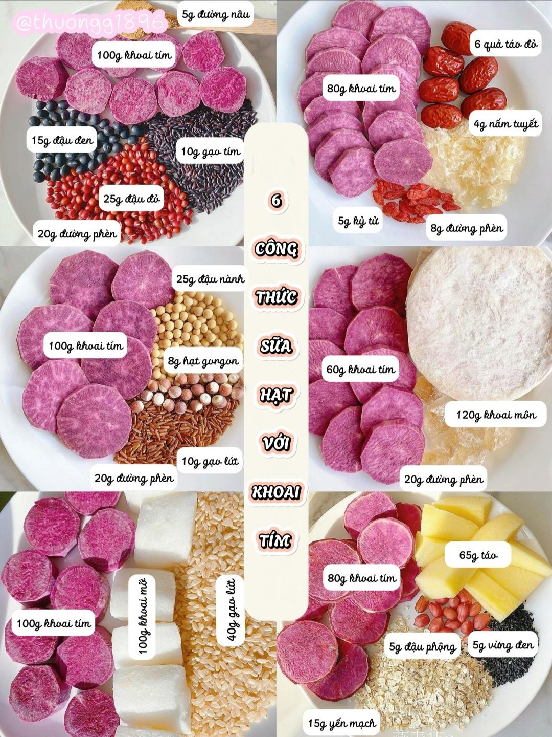 6 công thức sữa khoai tím hạt với: Sữa khoai môn, nấm tuyết táo đỏ, đậu đen đậu đỏ, yến mạch táo