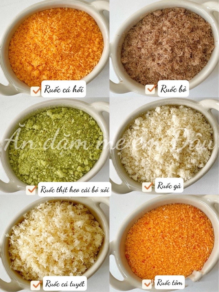 6 Loại Ruốc Dinh Dưỡng Cho Bé Yêu: Cá Hồi, Bò, Gà, Tôm, Thịt Heo Cải Bó Xôi