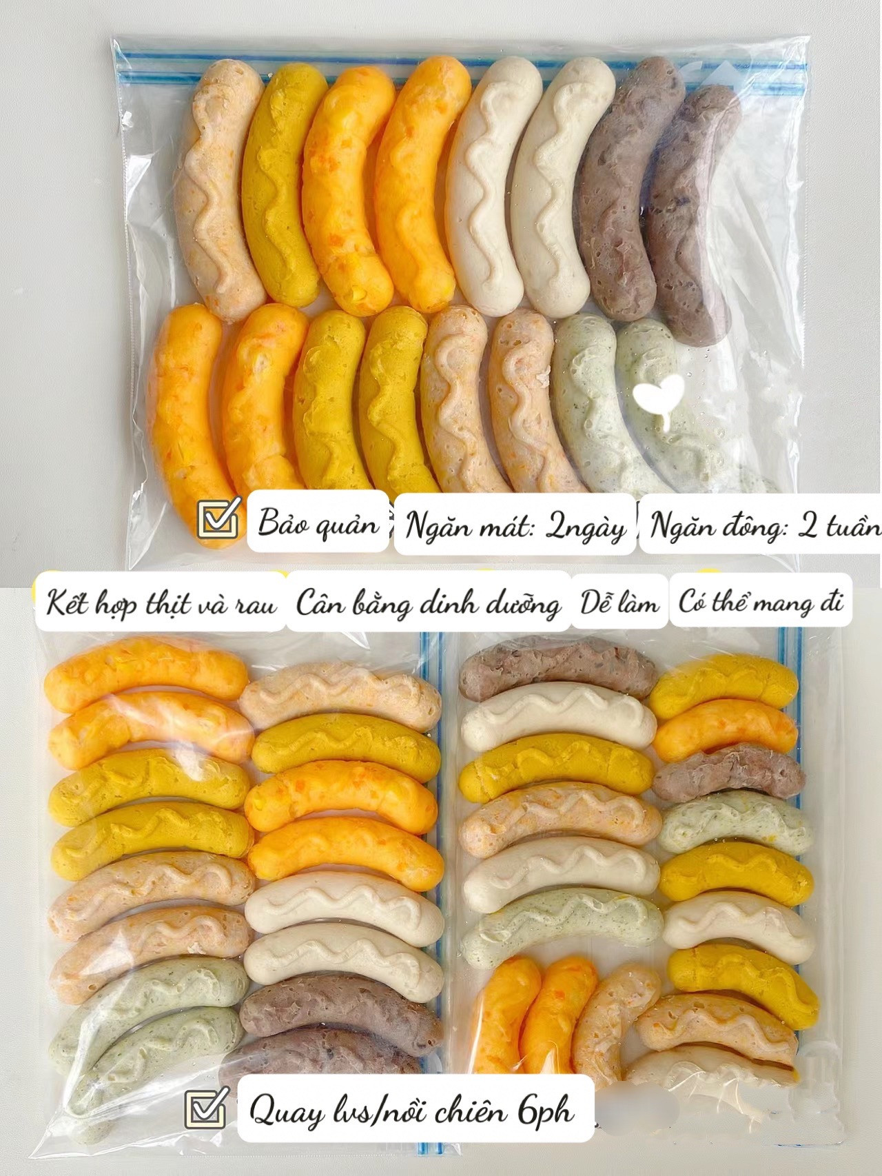 6 Loại Xúc Xích Tự Làm Cho Bé: Gà Khoai Tây, Ngô Thịt Heo, Gà Ngô, Bí Đỏ Thịt Heo, Bò Nấm, Tôm Cà Rốt