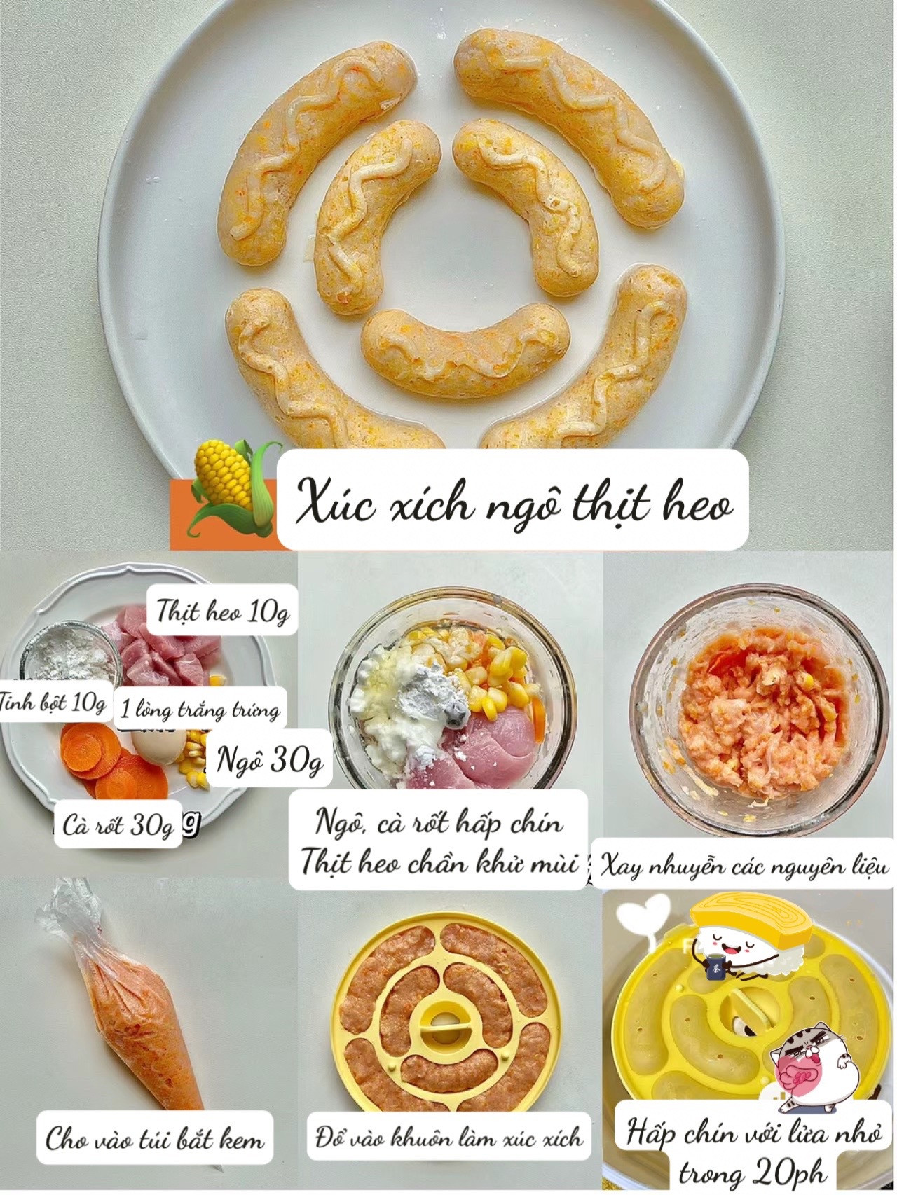 6 Loại Xúc Xích Tự Làm Cho Bé: Gà Khoai Tây, Ngô Thịt Heo, Gà Ngô, Bí Đỏ Thịt Heo, Bò Nấm, Tôm Cà Rốt