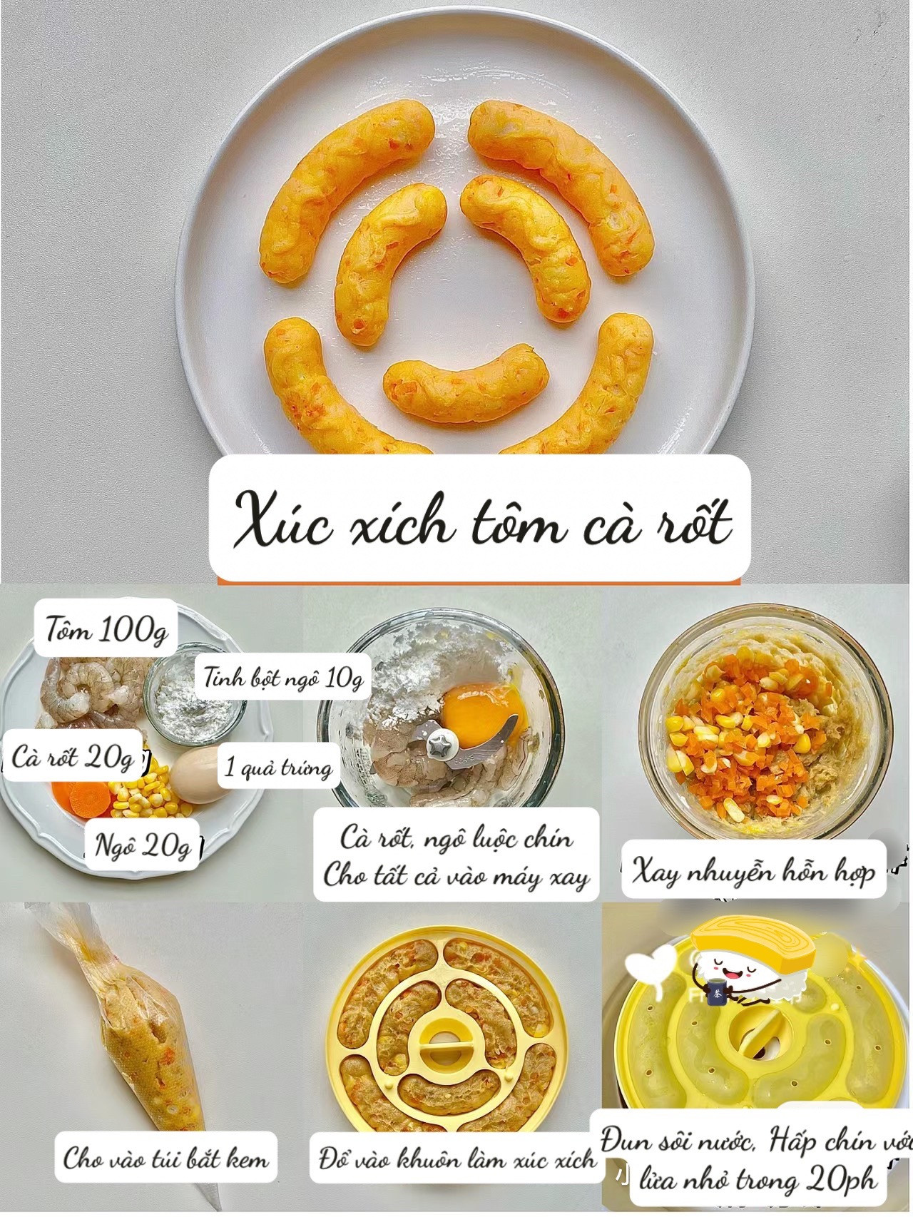 6 Loại Xúc Xích Tự Làm Cho Bé: Gà Khoai Tây, Ngô Thịt Heo, Gà Ngô, Bí Đỏ Thịt Heo, Bò Nấm, Tôm Cà Rốt