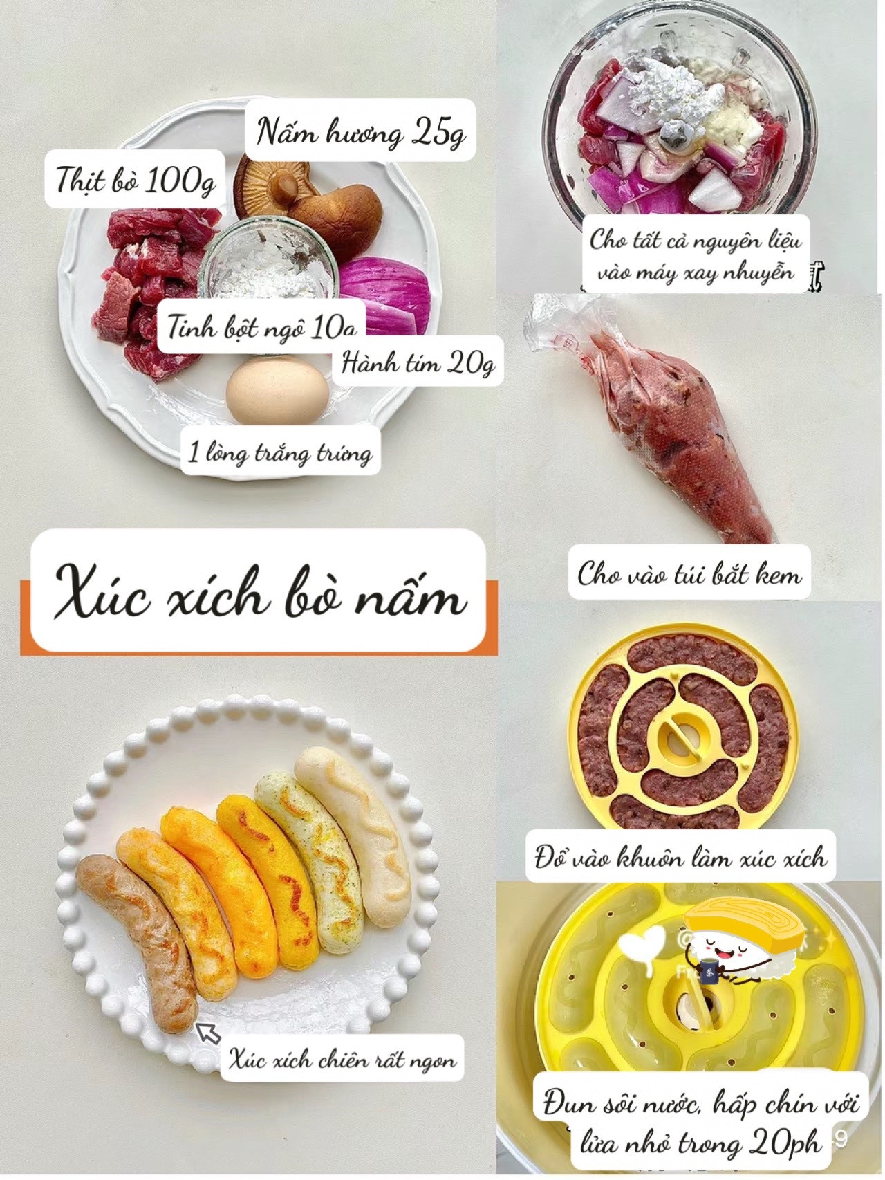 6 Loại Xúc Xích Tự Làm Cho Bé: Gà Khoai Tây, Ngô Thịt Heo, Gà Ngô, Bí Đỏ Thịt Heo, Bò Nấm, Tôm Cà Rốt