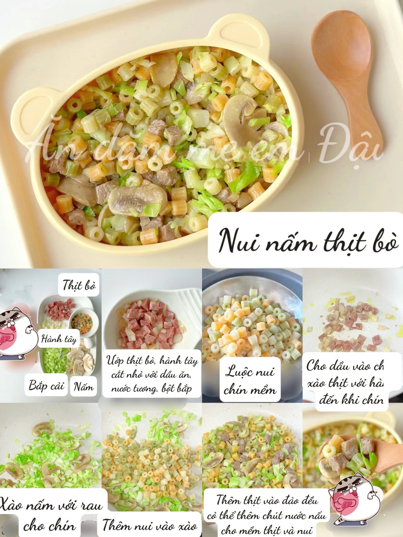 6 Món Nui Đổi Vị Cho Bé: Nui nấm thịt bò, nui tôm cà chua, nui trứng cải bó xôi, nui ngô cá tuyết, nui phô mai gan ngỗng và nui bí đỏ thịt băm