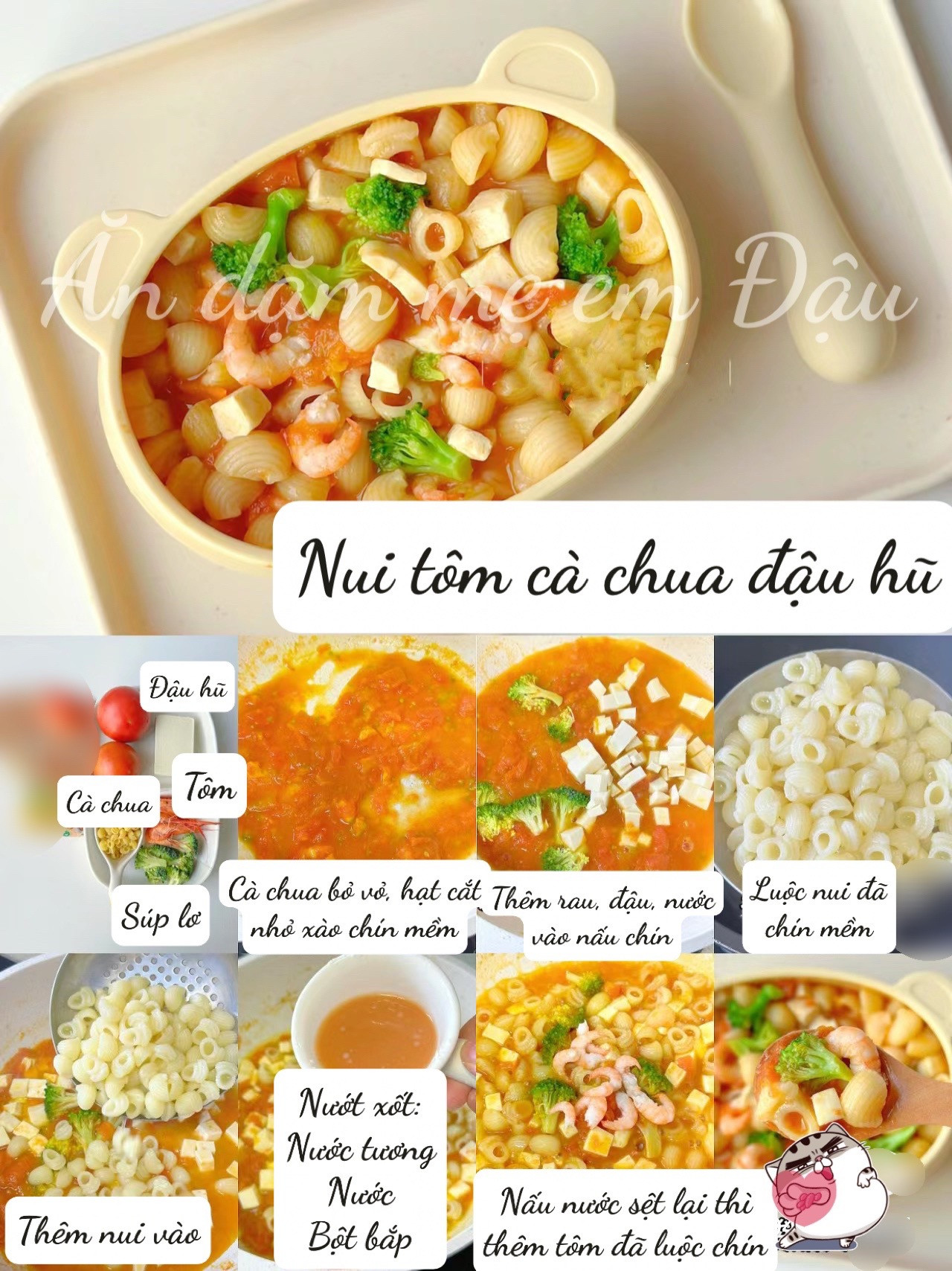 6 Món Nui Đổi Vị Cho Bé: Nui nấm thịt bò, nui tôm cà chua, nui trứng cải bó xôi, nui ngô cá tuyết, nui phô mai gan ngỗng và nui bí đỏ thịt băm