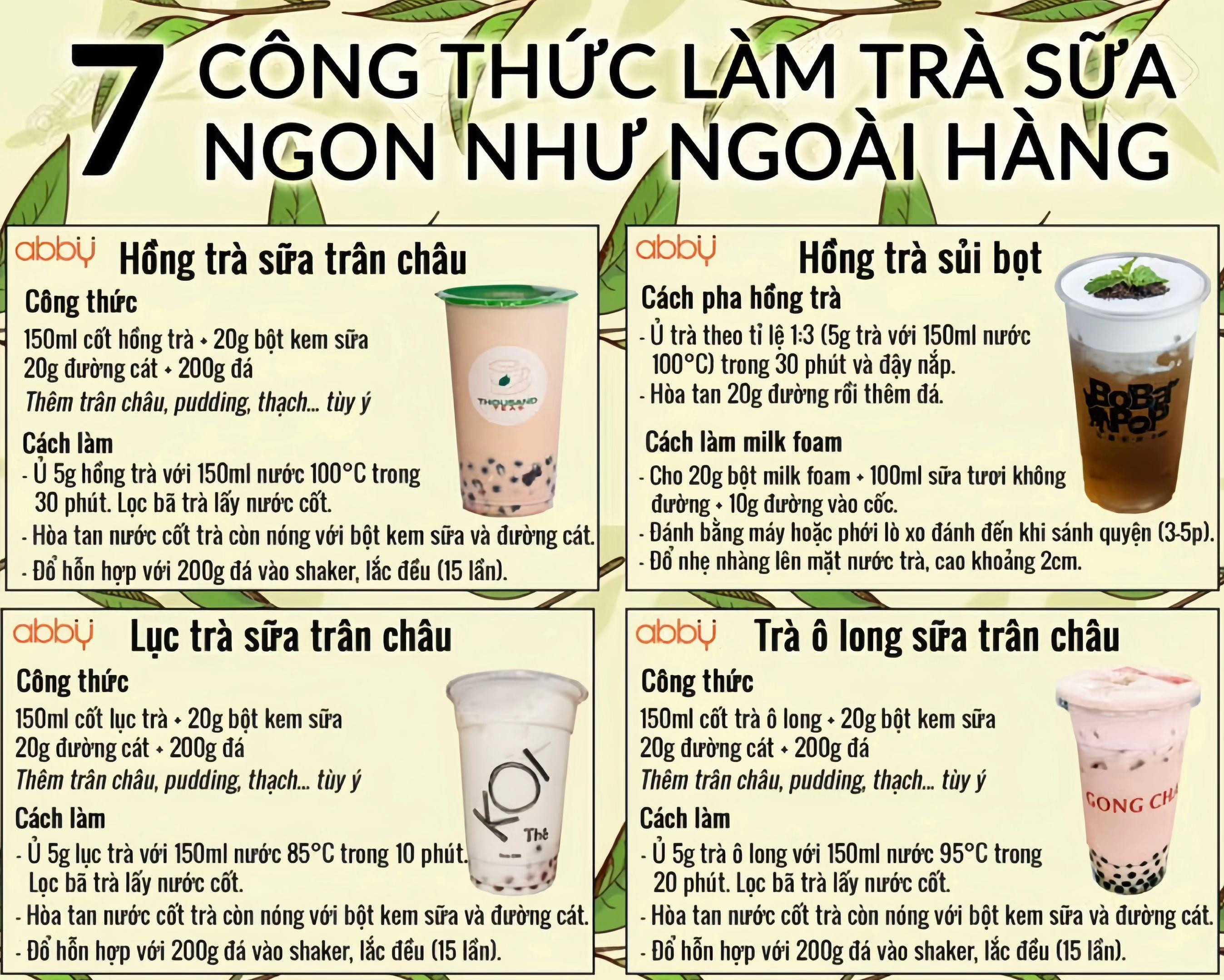 7 Công Thức Làm Trà Sữa Ngon Như Ngoài Hàng: Hồng Trà Trân Châu, Sủi Bọt, Lục Trà, Ô Long, Chocolate, Bạc Hà, Thái Xanh Và Trà Đào