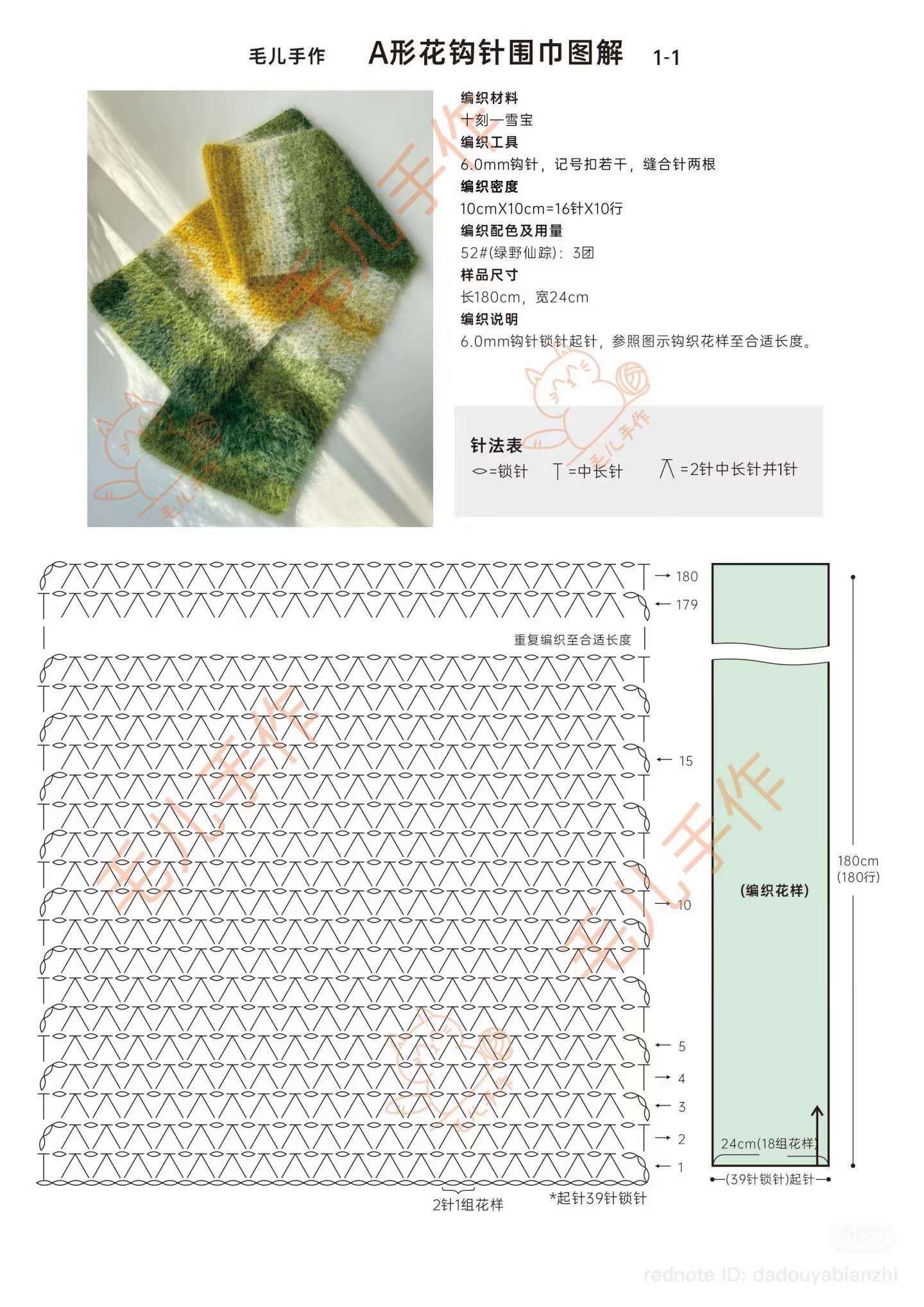 A-Shape Flower Crochet Scarf Chart with Colorful Gradient Pattern