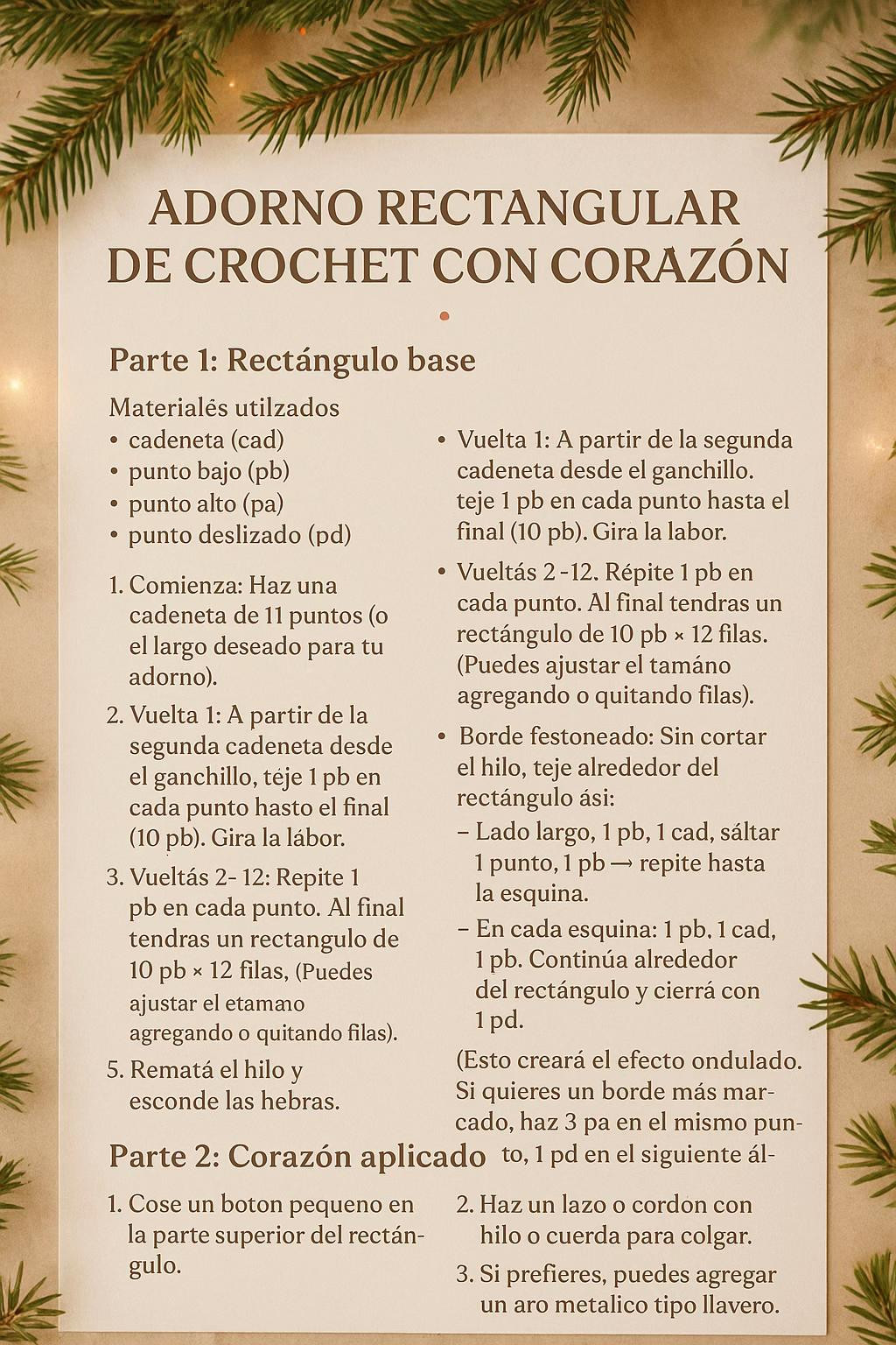 Adorno rectangular de crochet con corazón y borde festoneado