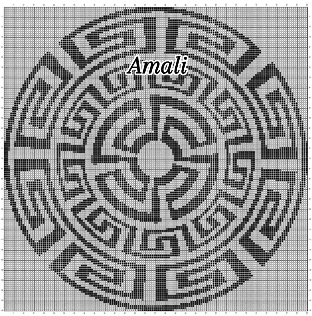 Amali Crochet Chart: Greek Key Circular Motif Pattern with Flat Diagram and Color Guide