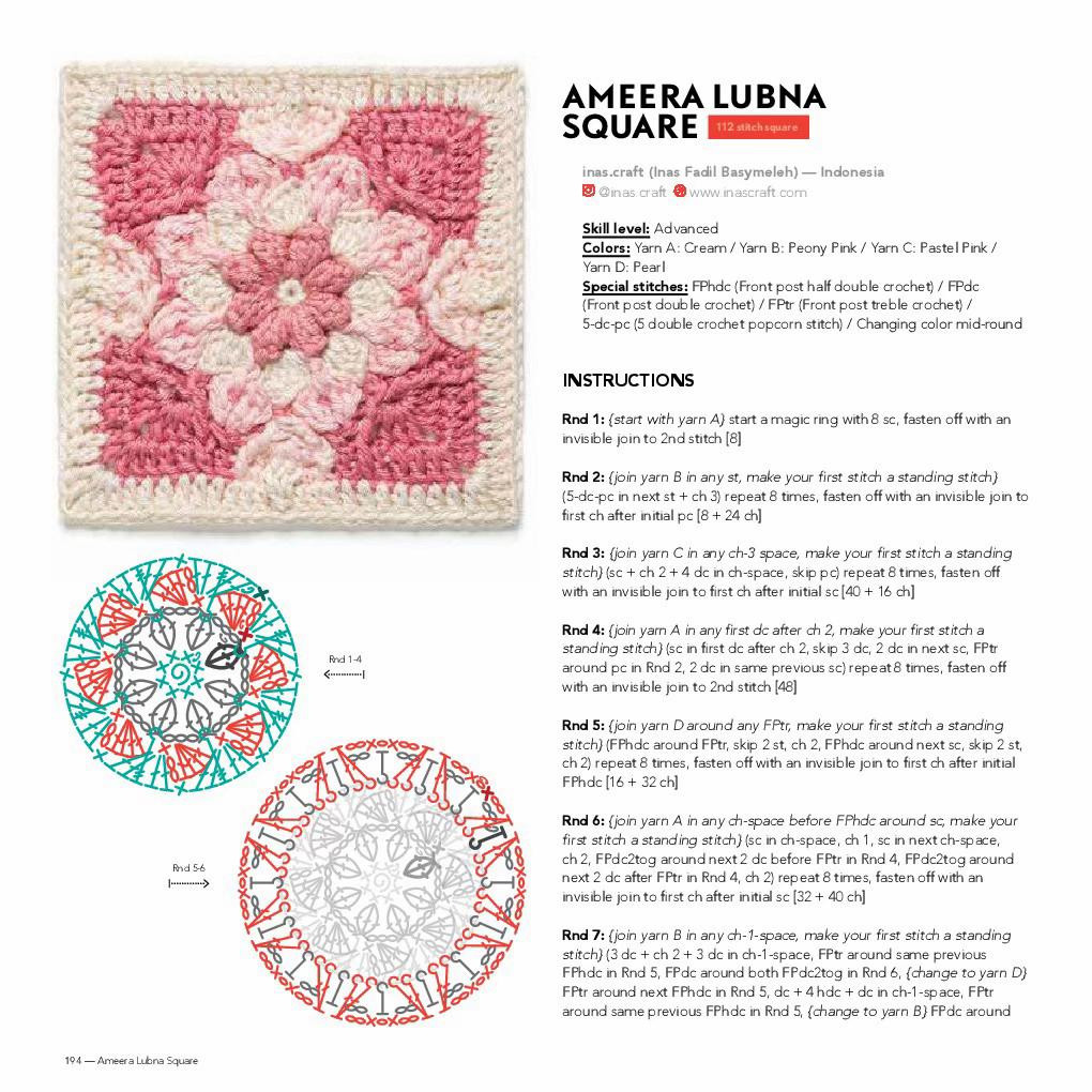 Ameeera Lubna Square Crochet Pattern - Pink Floral Granny Square Chart