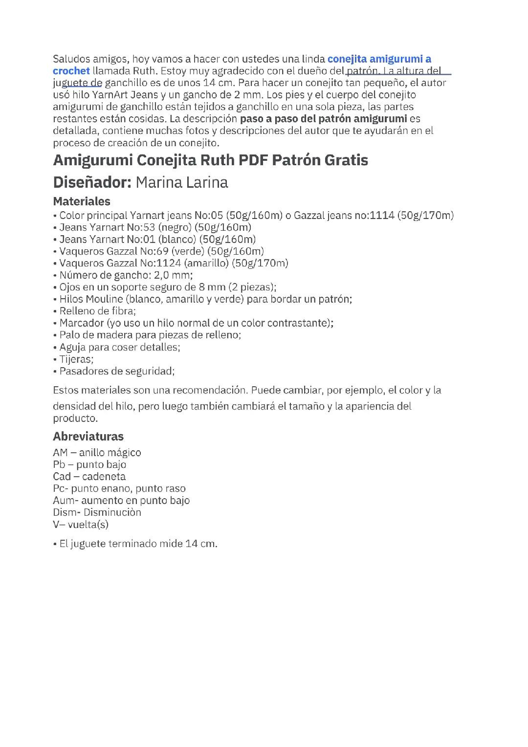 Amigurumi Conejita Ruth PDF Patrón Gratis - Guía paso a paso de crochet