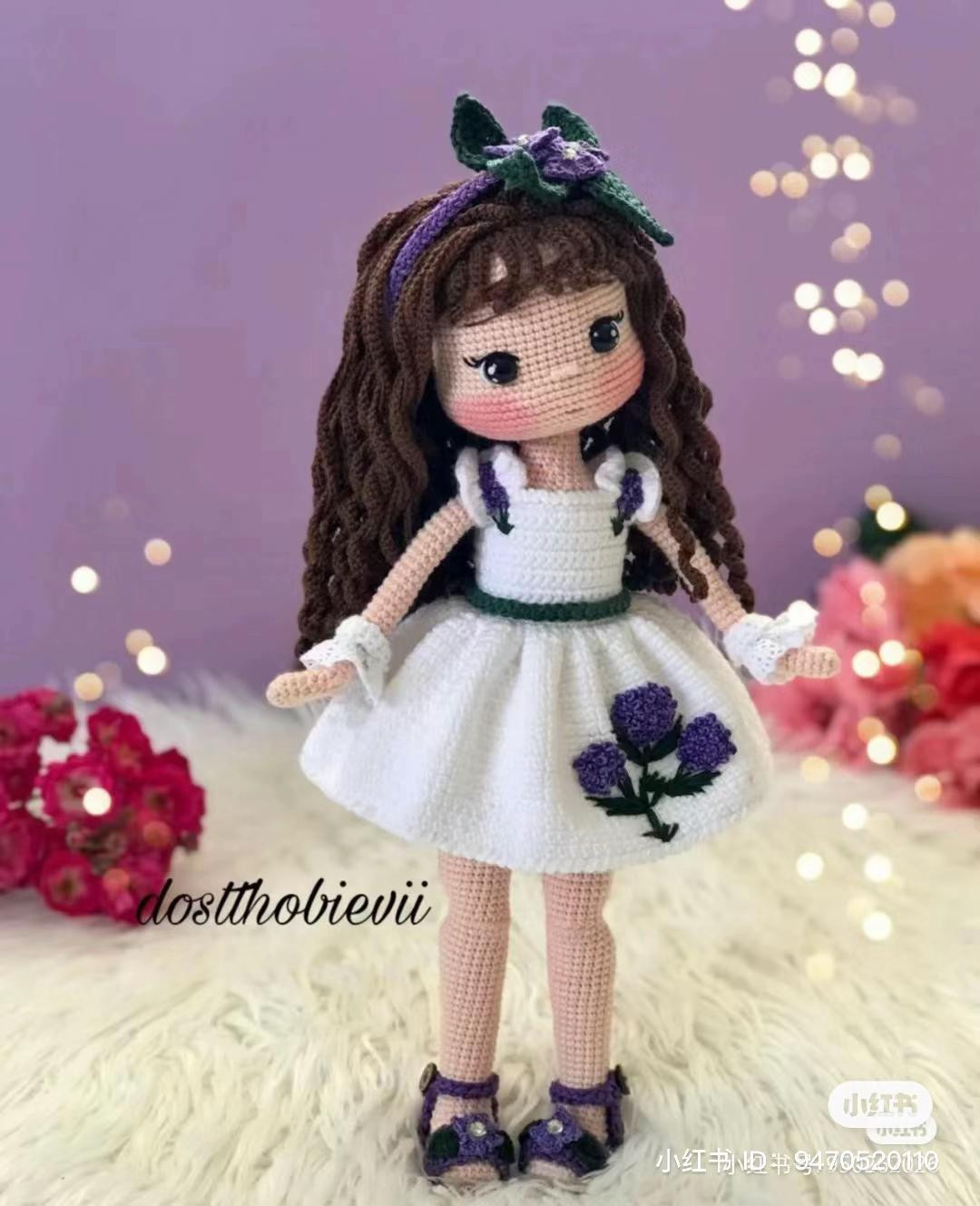 Amigurumi Crochet Pattern: Beautiful Girl Doll with White Dress and Purple Flowers