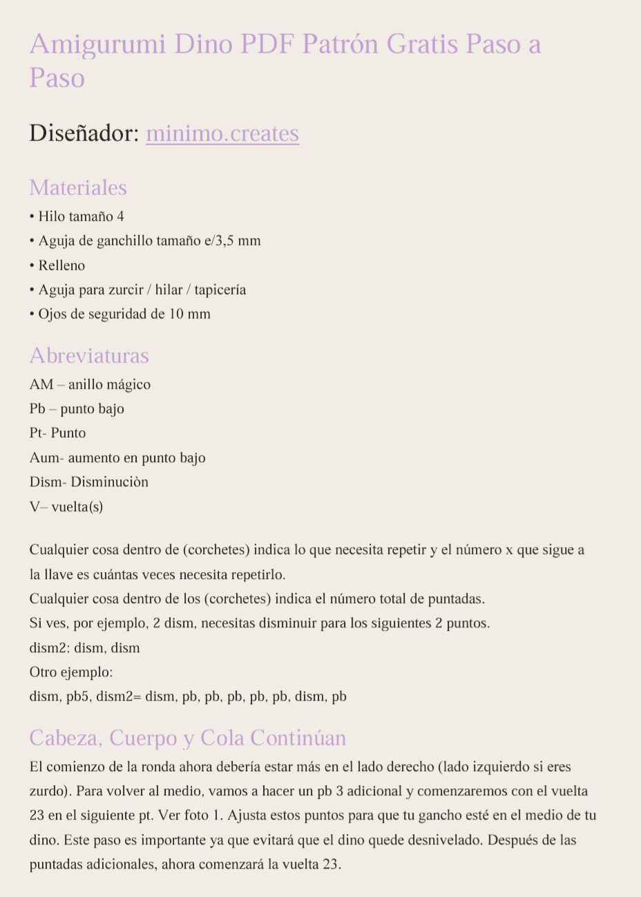 Amigurumi Dino PDF Patrón Gratis Paso a Paso