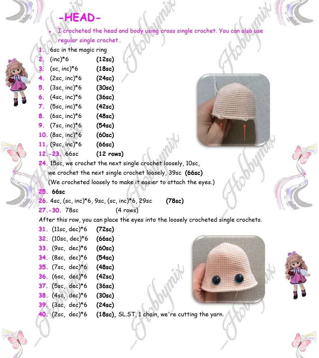 Amigurumi Doll Crochet Pattern: Head, Ears, and Hair Tutorial