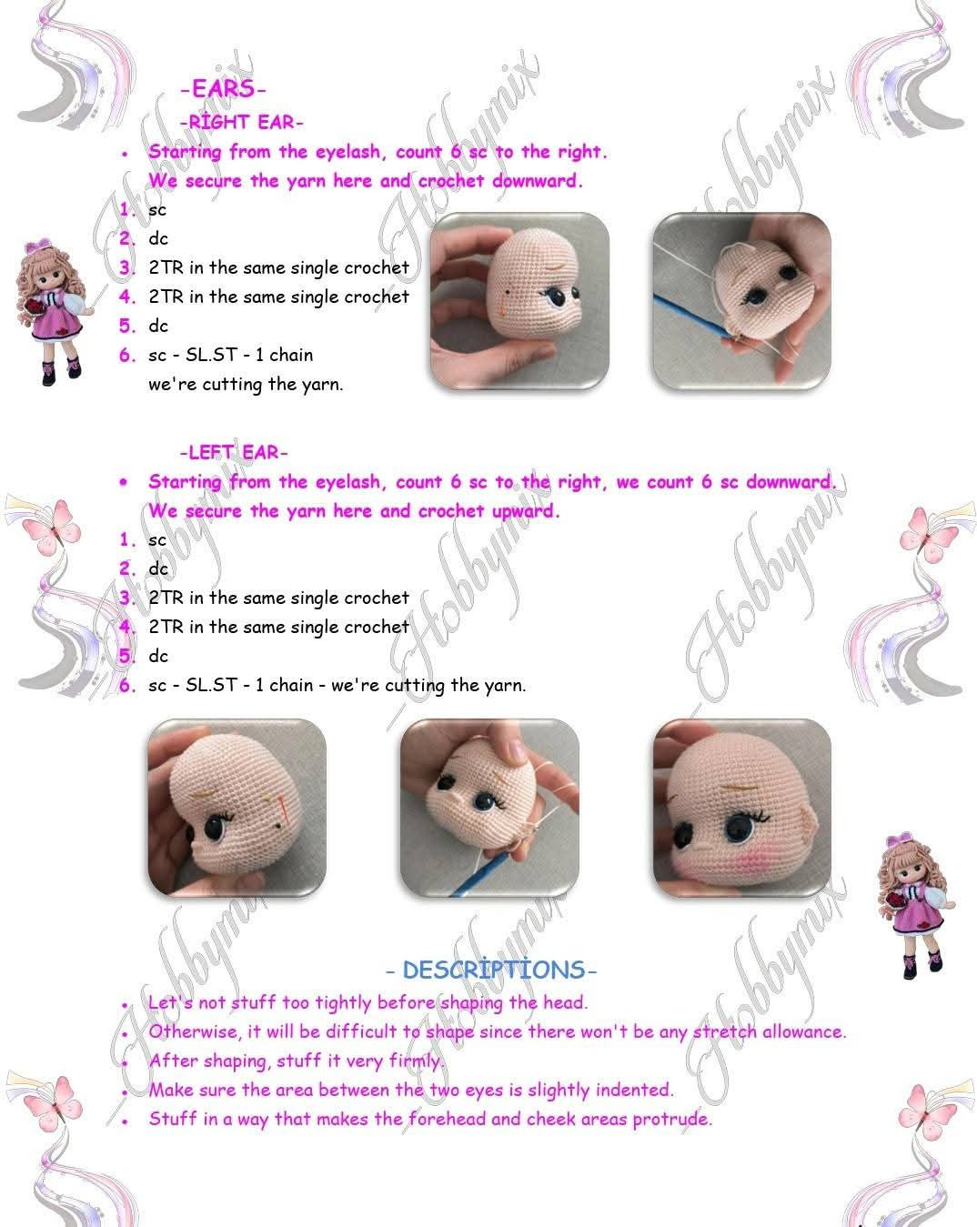 Amigurumi Doll Crochet Pattern: Head, Ears, and Hair Tutorial