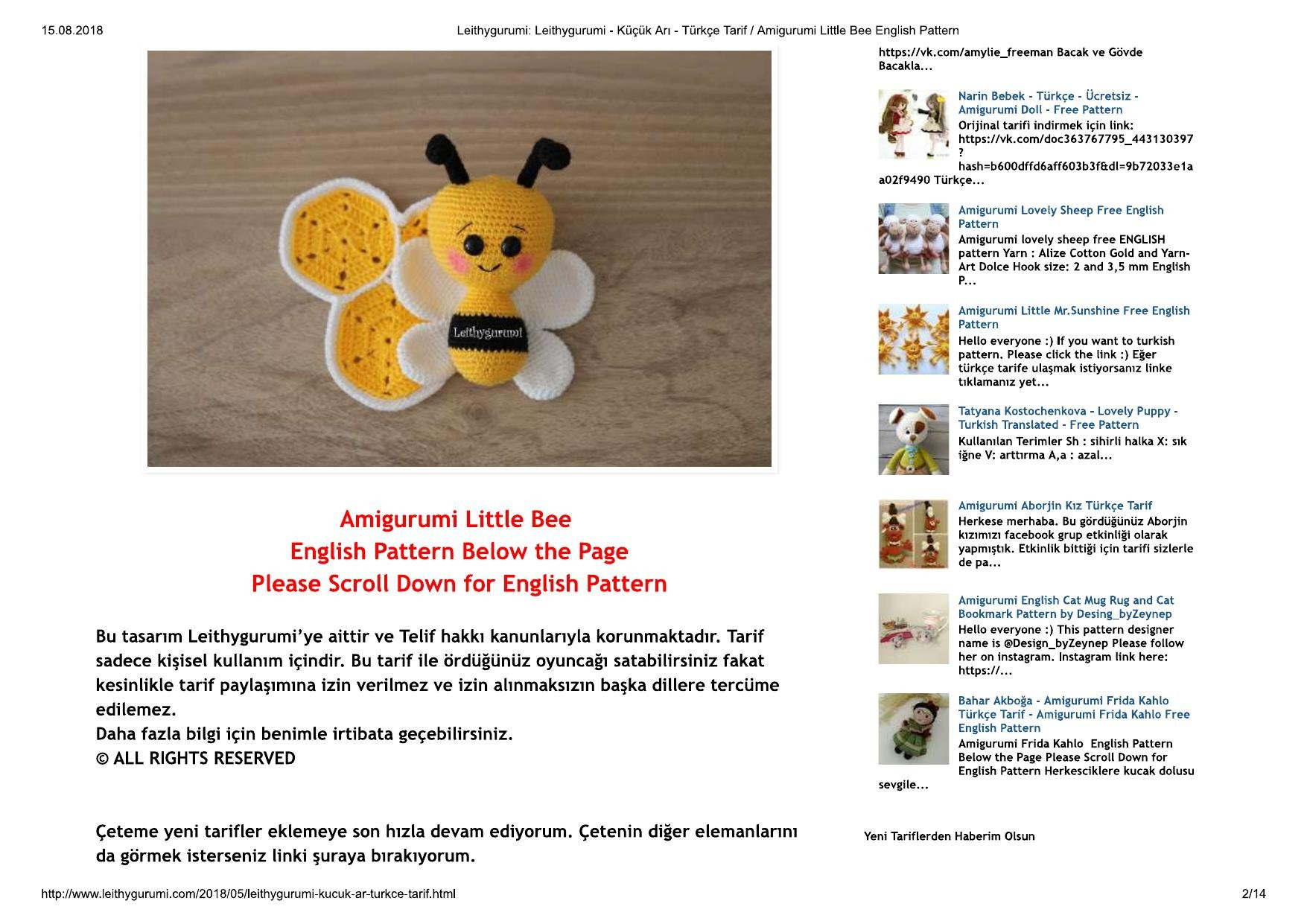 Amigurumi Küçük Arı Türkçe Tarif / Amigurumi Little Bee English Pattern