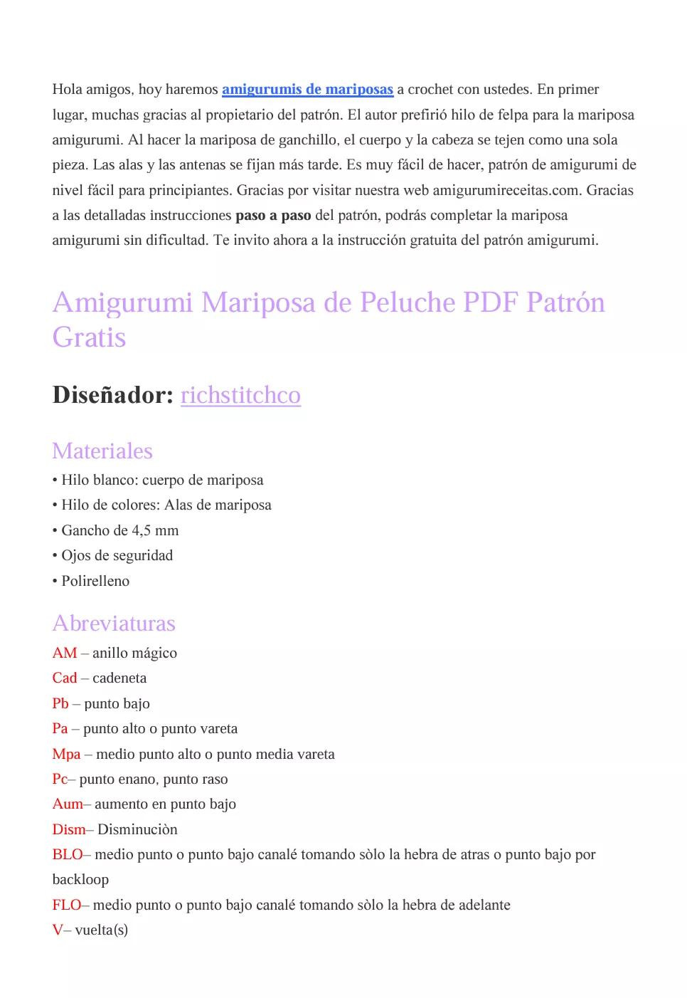 Amigurumi Mariposa de Peluche PDF Patrón Gratis