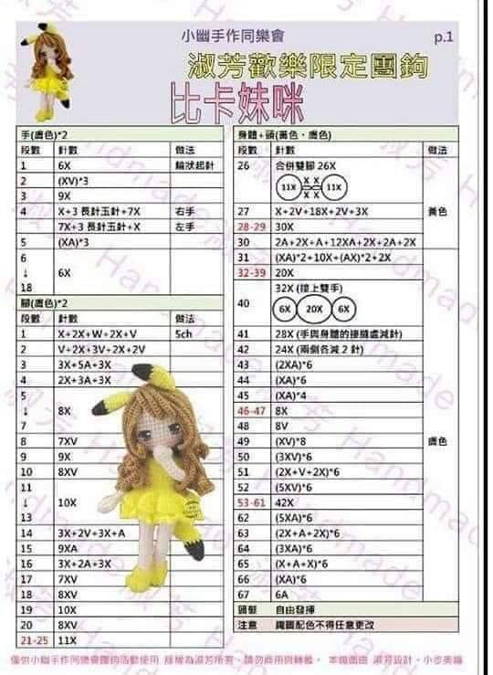 Amigurumi Pikachu Girl Crochet Pattern Chart