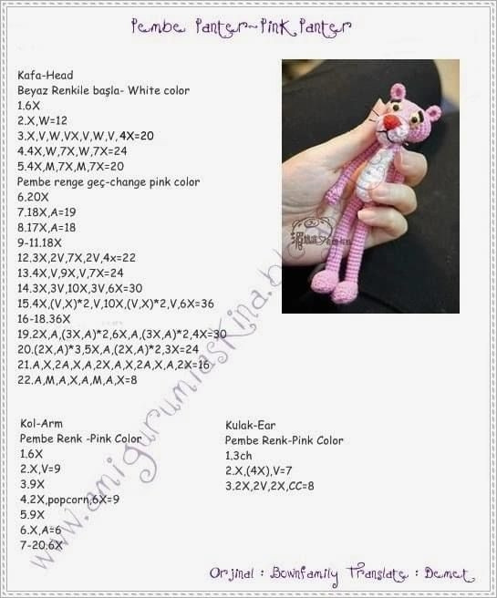 Amigurumi Pink Panther Crochet Pattern Chart: Head, Body, Limbs Instructions in Turkish and English