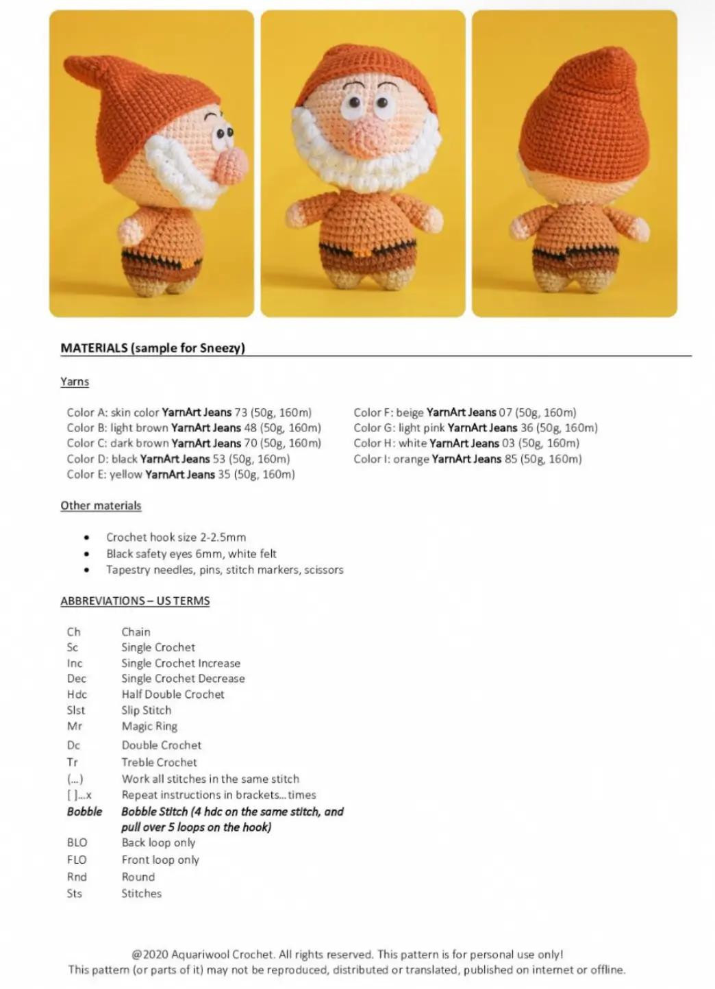 Amigurumi Seven Dwarfs Crochet Pattern with Materials and Instructions