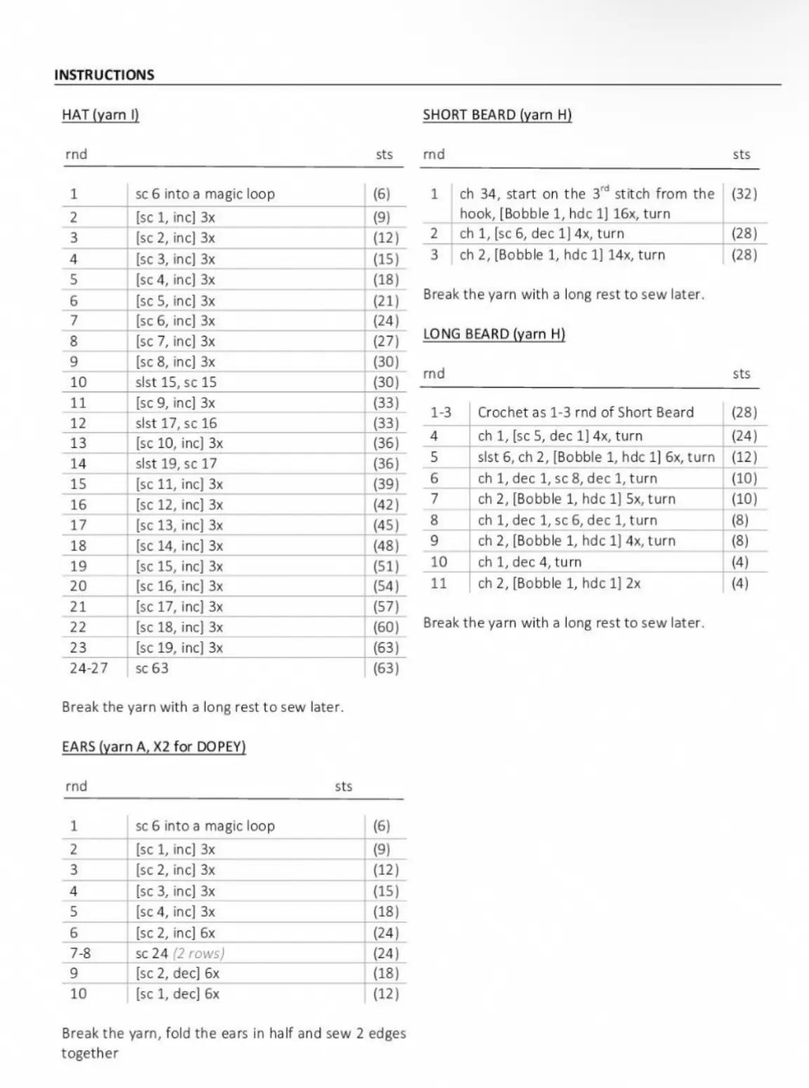 Amigurumi Seven Dwarfs Crochet Pattern with Materials and Instructions