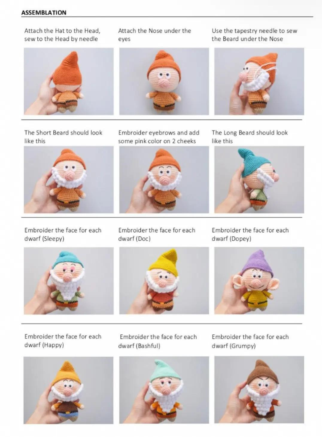 Amigurumi Seven Dwarfs Crochet Pattern with Materials and Instructions
