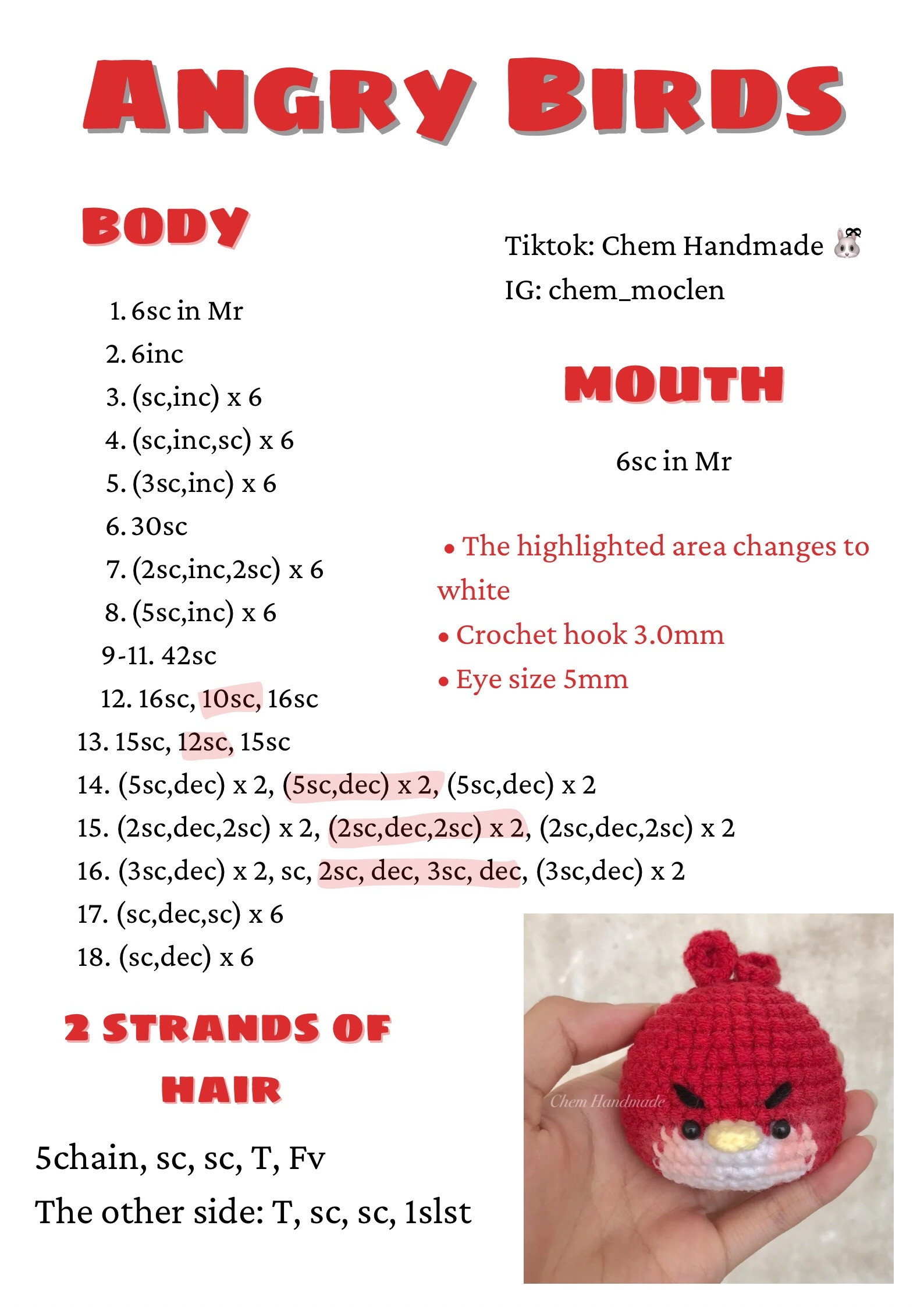 Angry Birds Red Amigurumi Crochet Pattern Chart with Body, Mouth and Hair Instructions