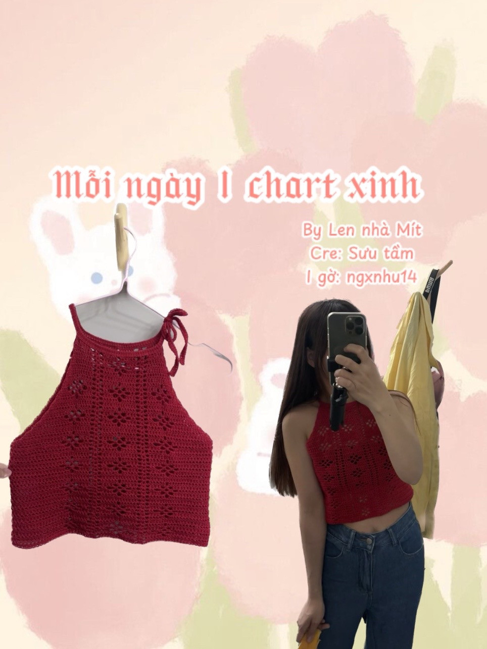 Áo hai dây móc len màu đỏ với họa tiết hoa văn tinh tế, thiết kế dây buộc vai và bảng chart hướng dẫn chi tiết