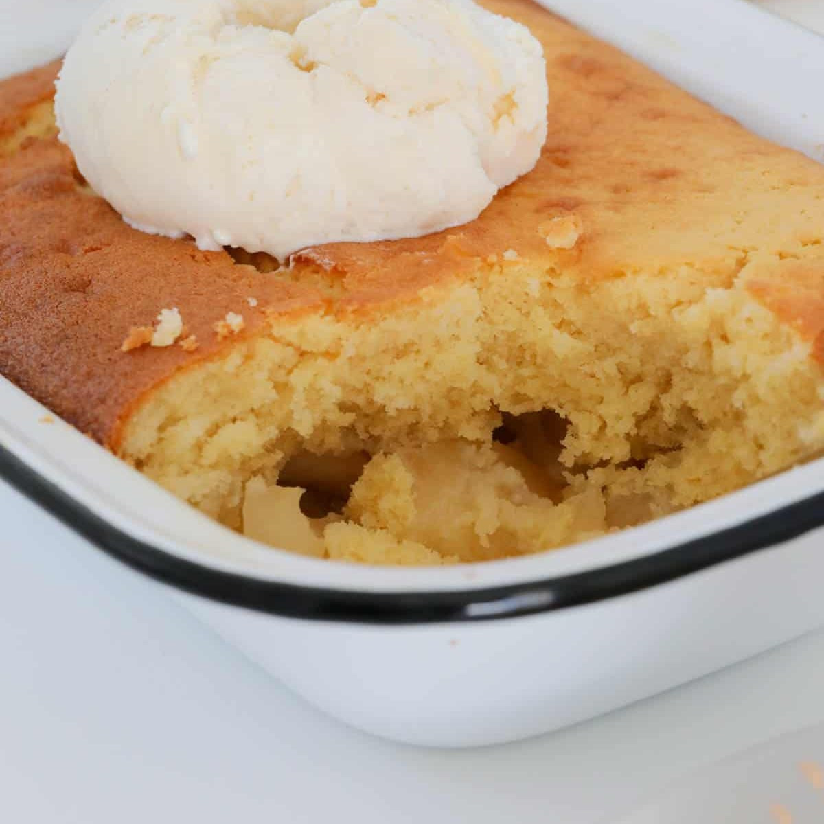 Apple Sponge Pudding with Soft Stewed Apples and Vanilla Ice Cream