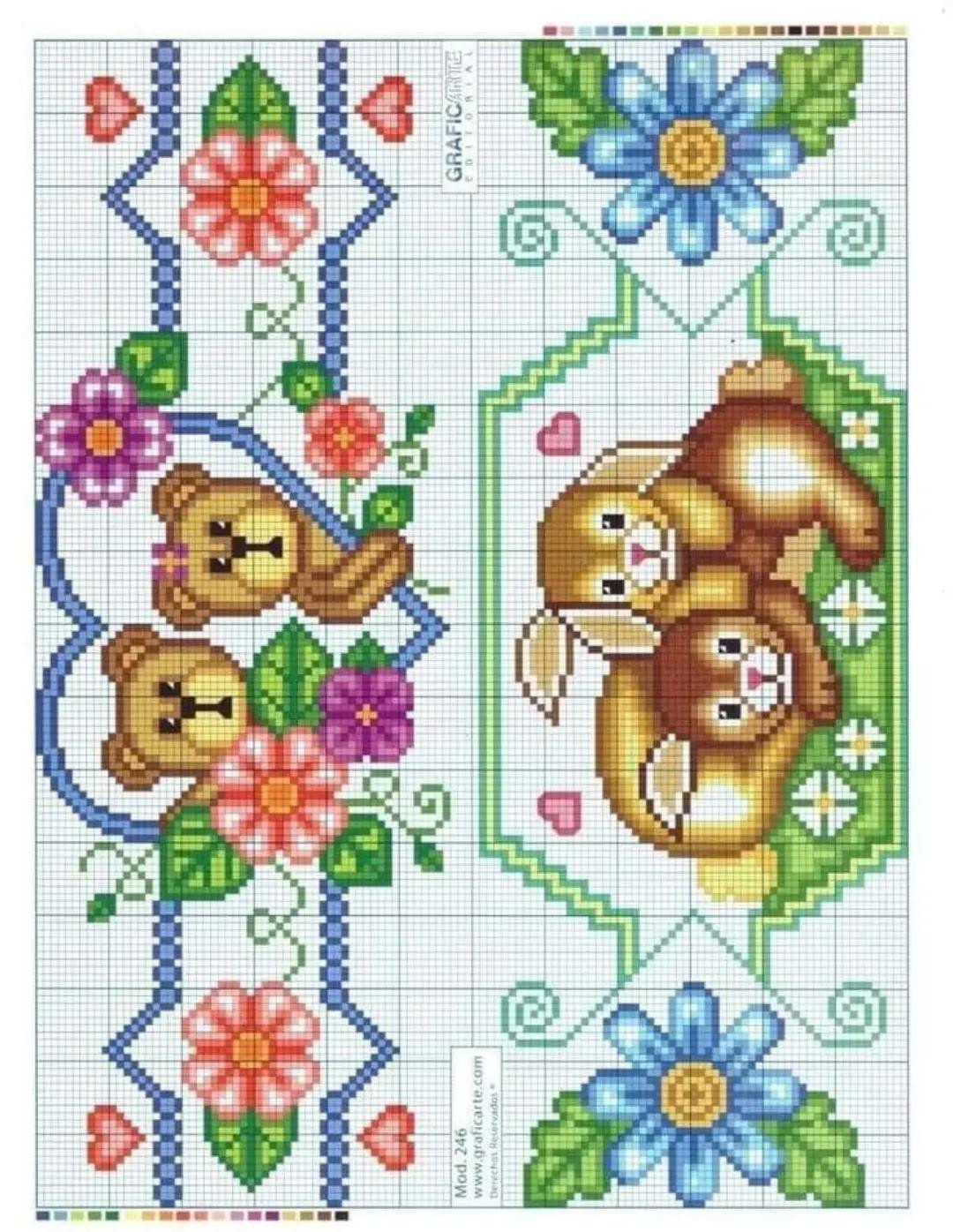Assorted Pixel Charts for Cross Stitch: Ladybug, Frog, Mouse Kitchen Towel, Teddy Bears, and Parrot Patterns