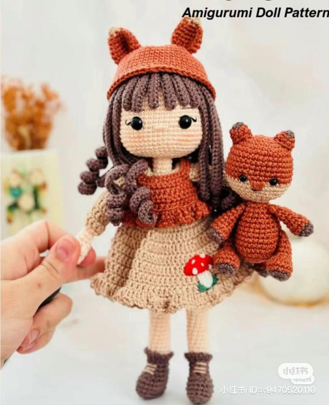 Autumn Forest Amigurumi Doll and Fox Pattern with Mushroom Dress