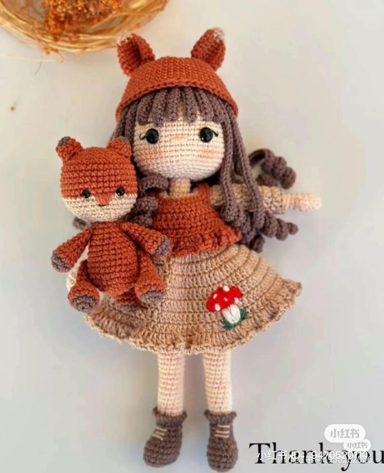 Autumn Forest Amigurumi Doll and Fox Pattern with Mushroom Dress