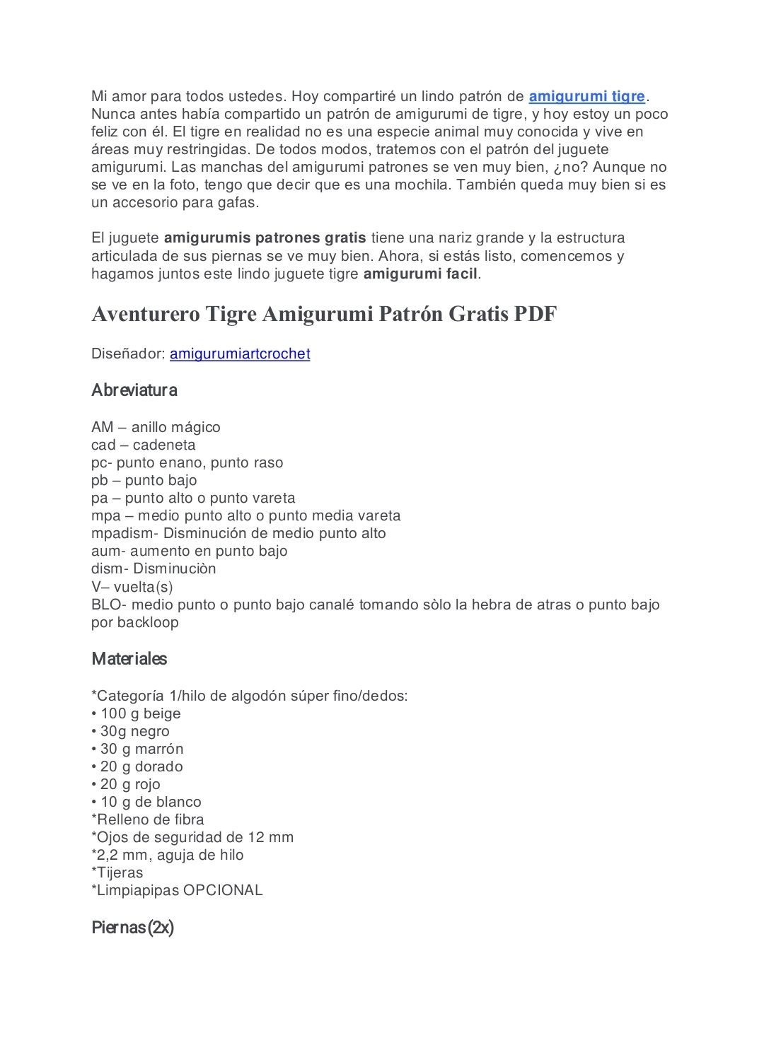 Aventurero Tigre Amigurumi Patrón Gratis PDF