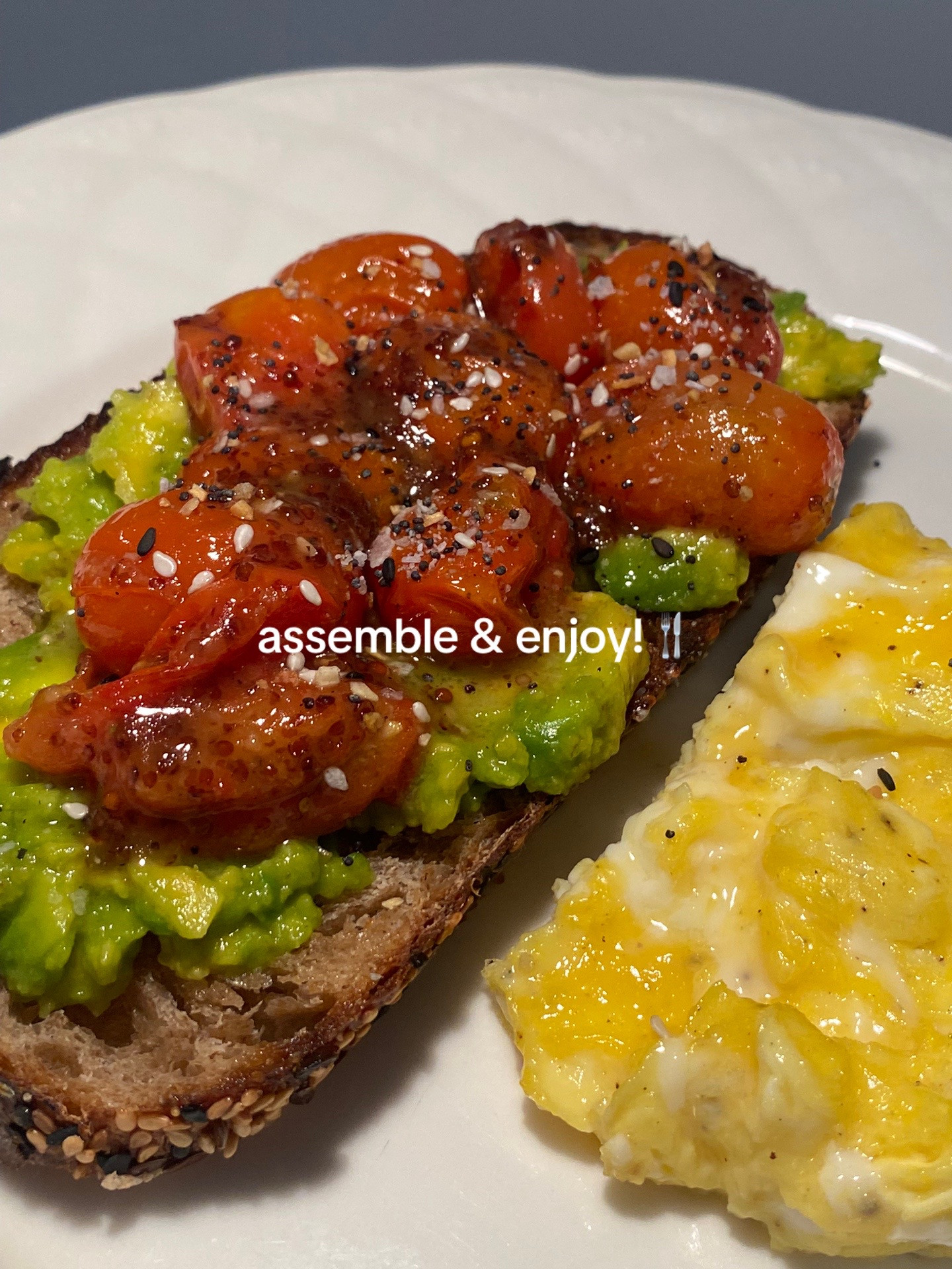 Avocado Toast with Roasted Cherry Tomato Confit and Scrambled Eggs