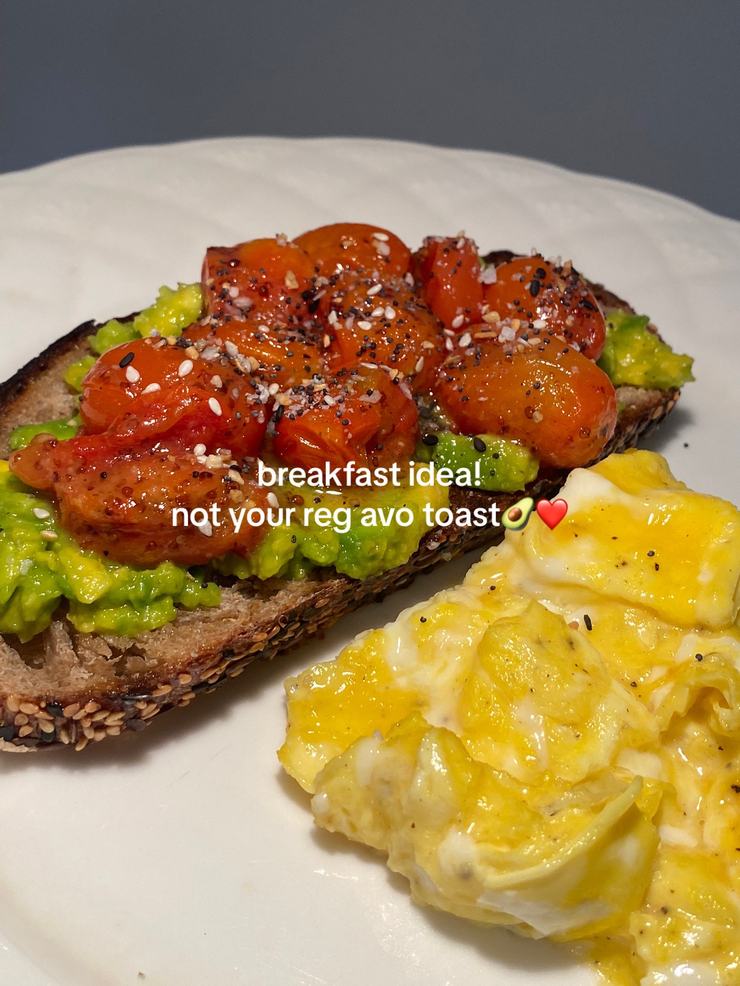 Avocado Toast with Roasted Cherry Tomato Confit and Scrambled Eggs