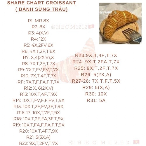Bảng Chart Móc Len Bánh Sừng Trâu (Croissant) - Flat Pattern