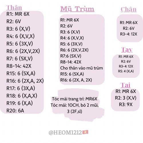 Bảng chart móc len búp bê nhân vật tóc vàng mũ trùm hồng