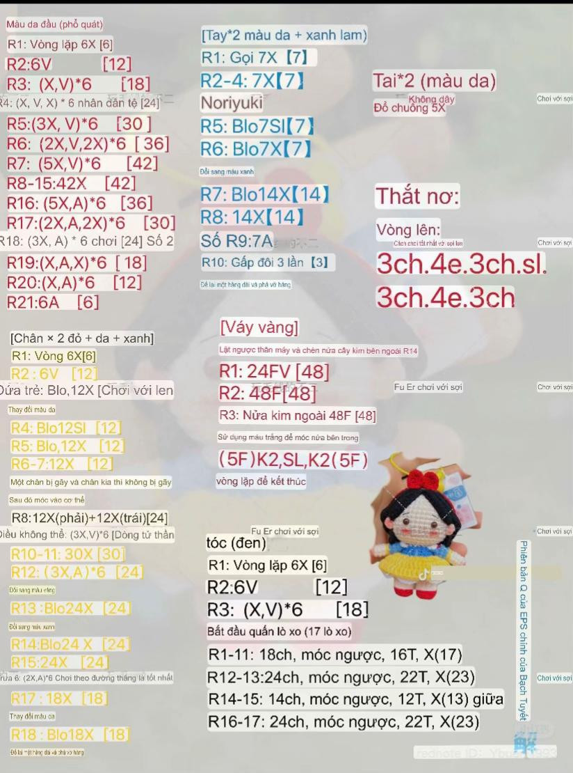 Bảng Chart Móc Len Công Chúa Disney: Bạch Tuyết, Ariel, Alice