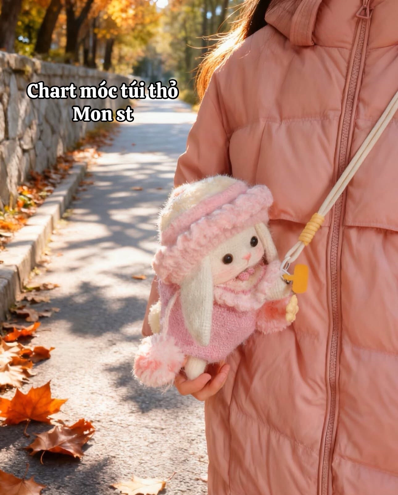 Bảng chart móc túi thỏ Monst màu hồng kem, len nhung