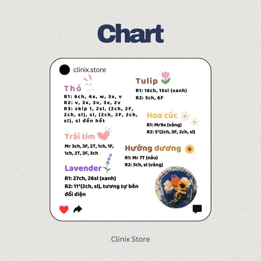 Bảng hướng dẫn móc len hoa mini: Tulip, Cúc, Hướng dương, Lavender