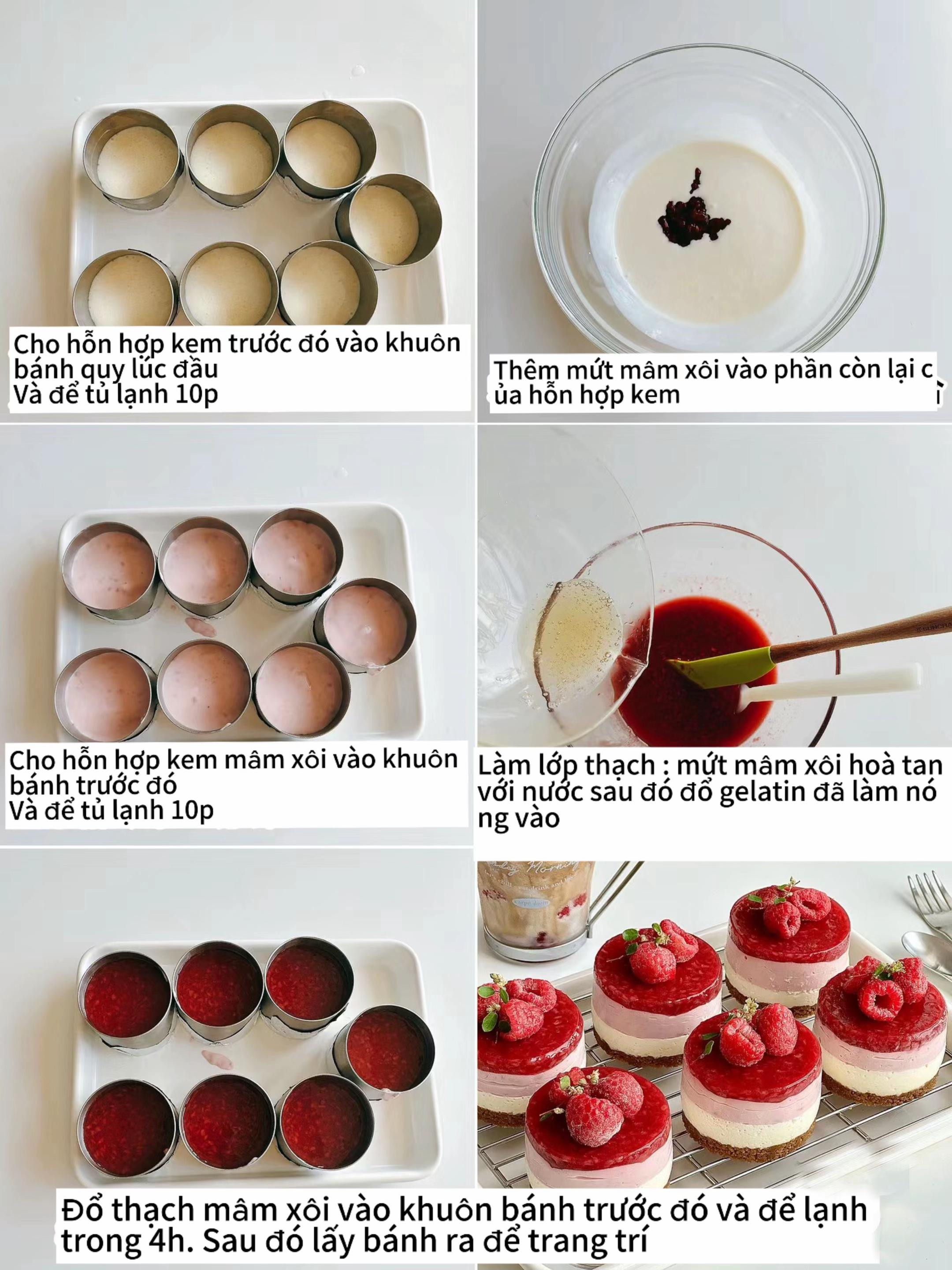 Bánh cheesecake dâu tây không lò, lớp kem ba màu trắng hồng đỏ với topping dâu tươi