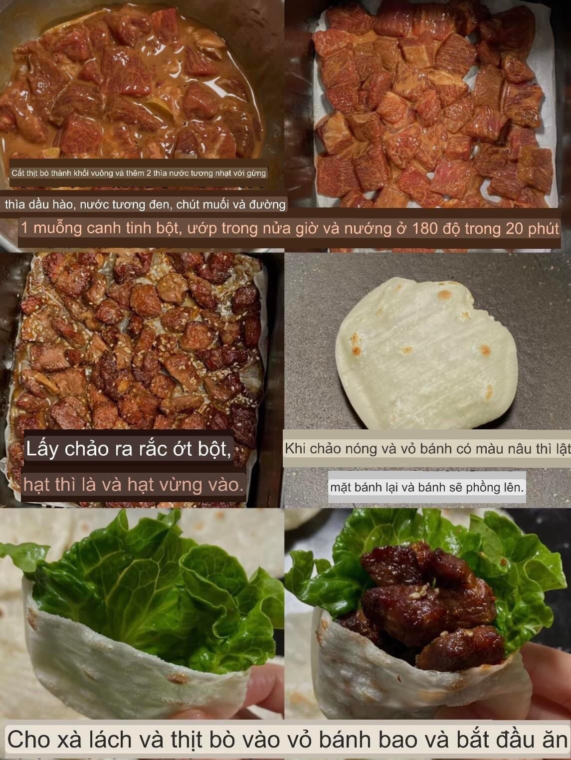 Bánh cuốn thịt bò sốt mật ong, hạt thì là và vừng, ăn kèm rau xà lách giòn mát