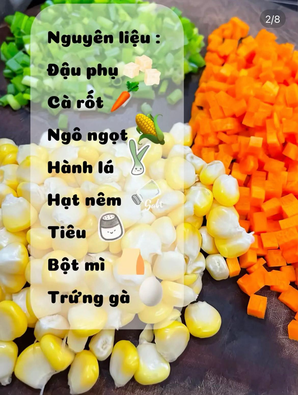 Bánh đậu phụ rau củ healthy thơm ngon, giòn rụm với cà rốt, ngô ngọt và hành lá