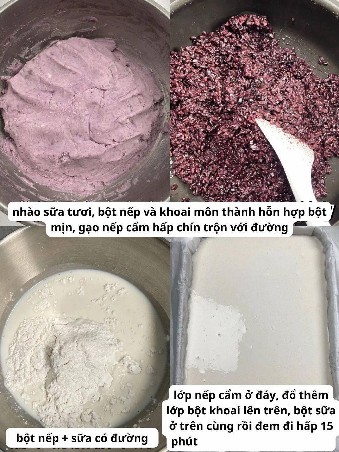 Bánh khoai môn nếp cẩm hấp: Lớp vỏ trắng, nhân tím và cơm đen ngọt ngào