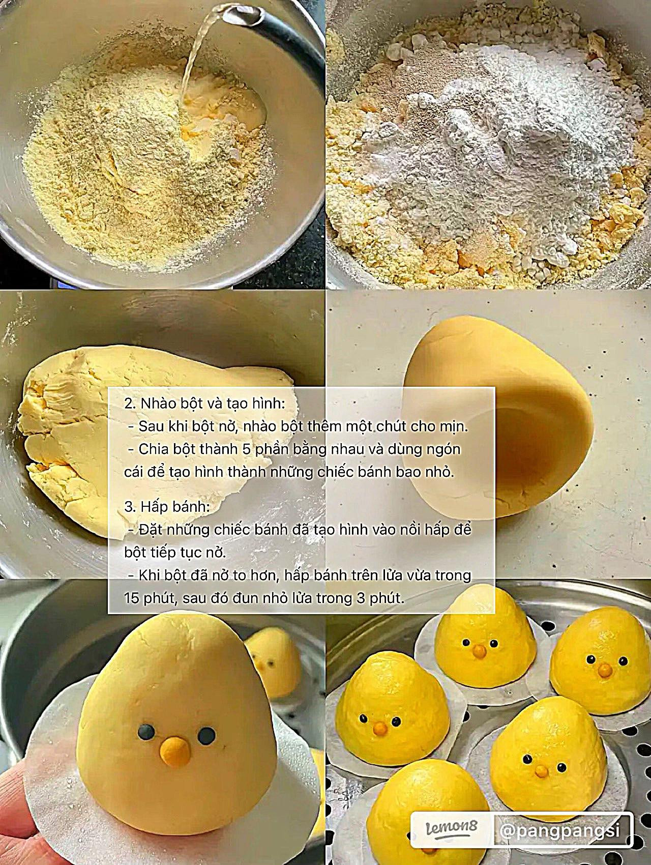 Bánh ngô hấp bột gà wowotou hình con gà dễ thương ăn kèm nhân thịt băm và đậu đũa