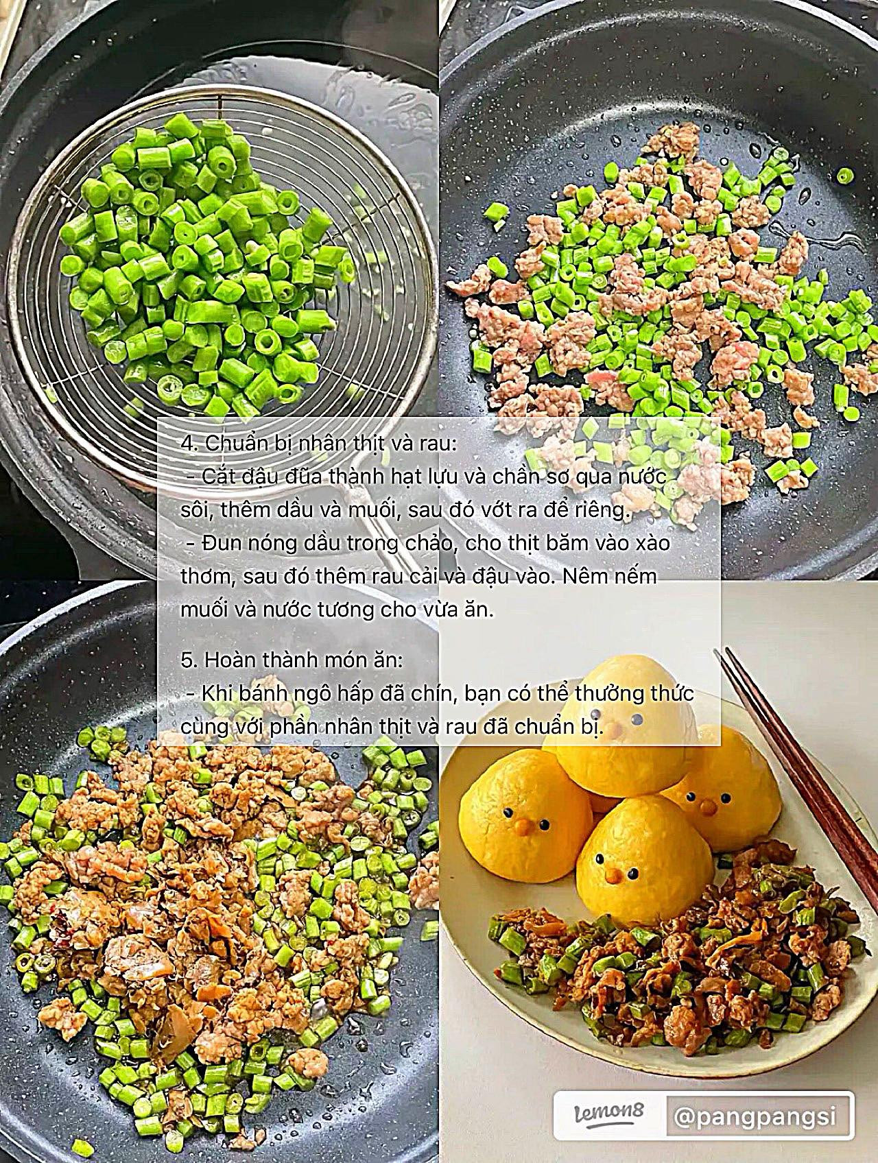 Bánh ngô hấp bột gà wowotou hình con gà dễ thương ăn kèm nhân thịt băm và đậu đũa