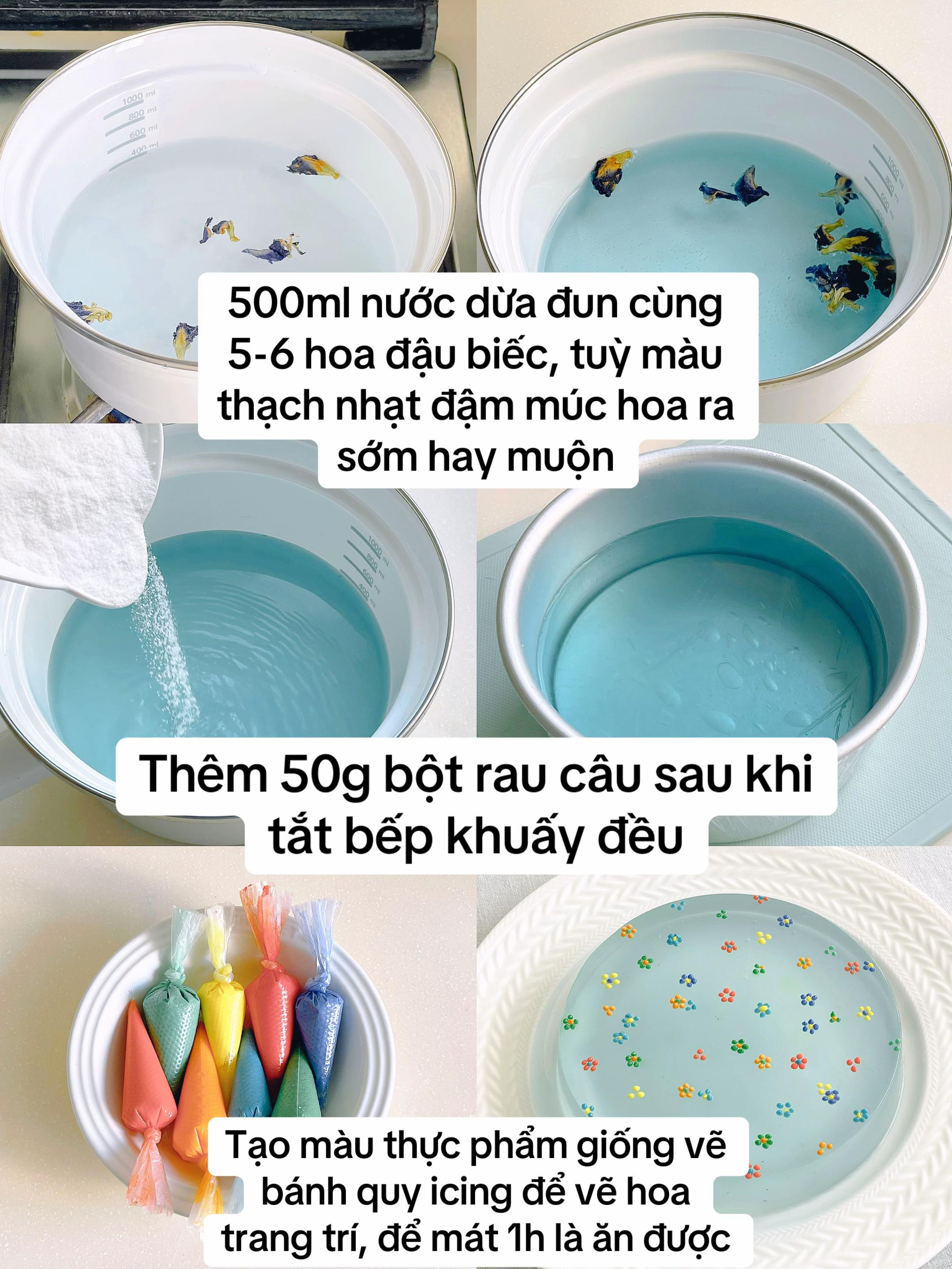 Bánh thạch dừa hoa đậu biếc trong suốt trang trí hình hoa rực rỡ