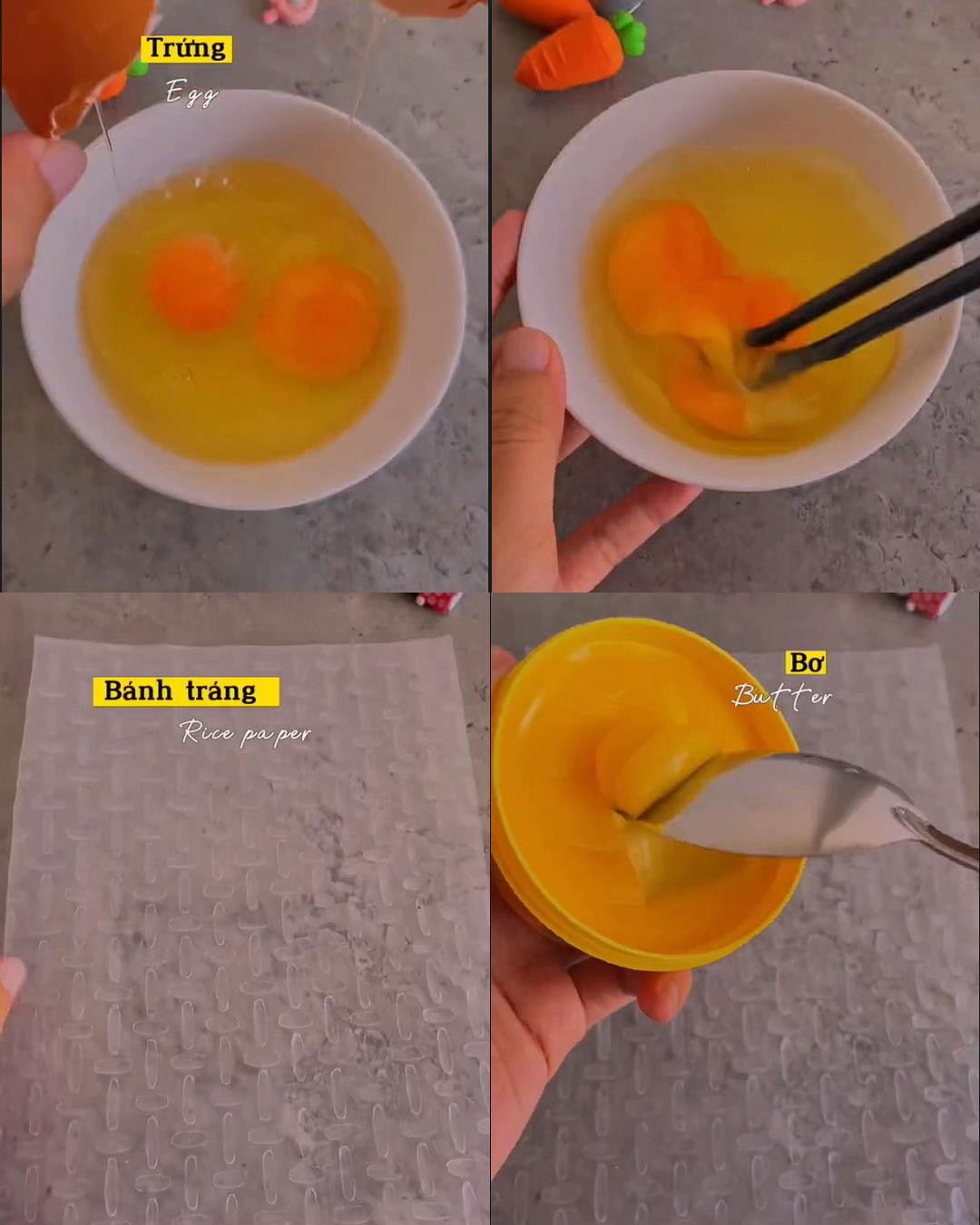 Bánh tráng chiên siêu dính với trứng, xúc xích và tép sấy